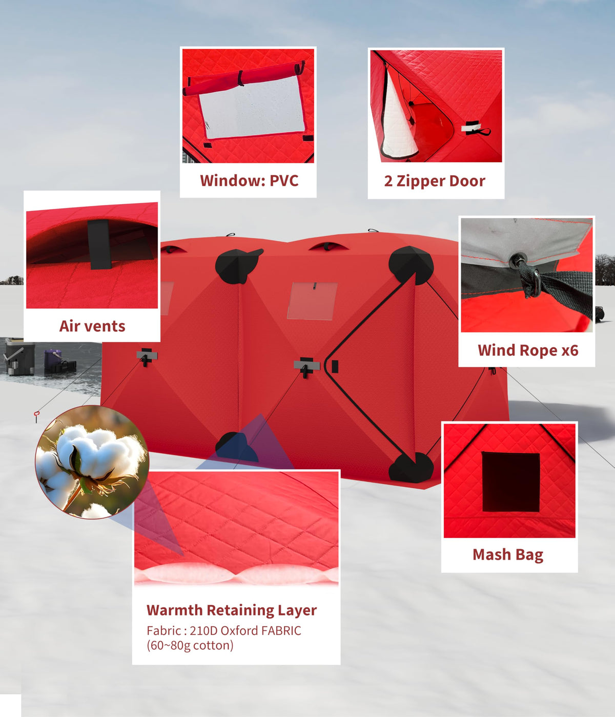 ActiveTrail Ice Fishing Tent Insulated Pop Up Hub Style Ice Shanty, 11.6 x 6.5 x 6 ft Portable Ice Fishing Shelter for 6 to 8 People, Windproof Ice Fishing Hut with Carry Bag, Ice Anchors, Vents