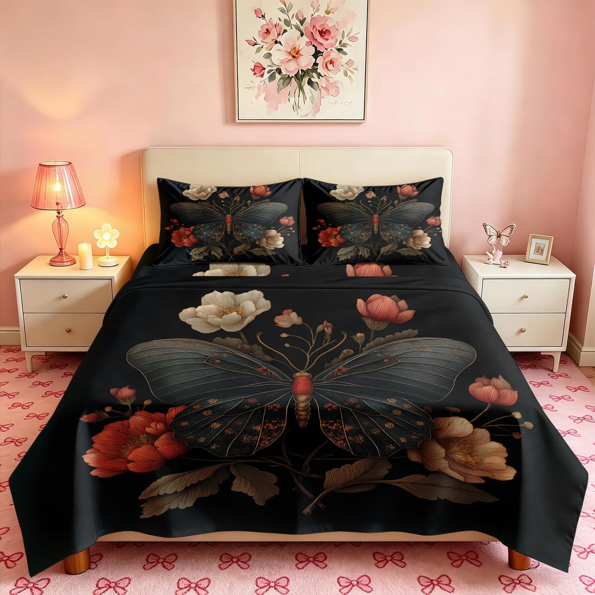 Butterfly Sheet Set, 4 Pcs Queen Size Moth Aesthetic Bed Sheets