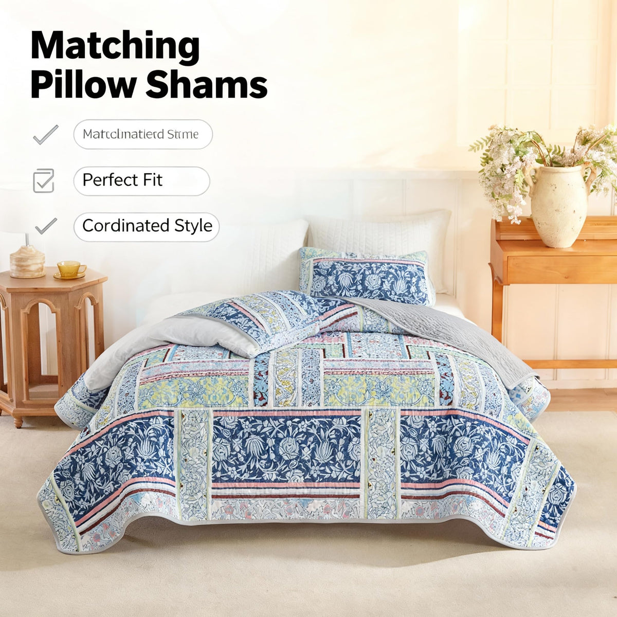 Andreannie Boho Style Quilts King Size Bedding Set Quilted Bedspread Blue Bohemian Blue Floral Soft and Lightweight Bedspread for All Season, Bedding Coverlet with 2 Matching Pillow Shams (3 Pieces)