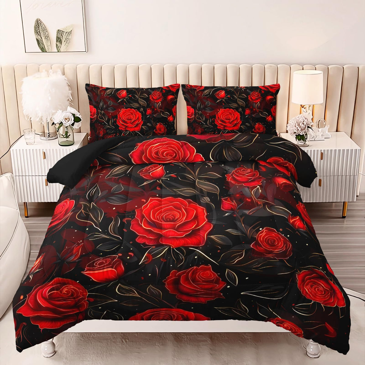 AILONEN Crimson Rose Twin Comforter Set 3 Piece, Black Floral Bedding, Gold Vine Dark Garden Print, Dorm Bedroom, 2 Pillowcases