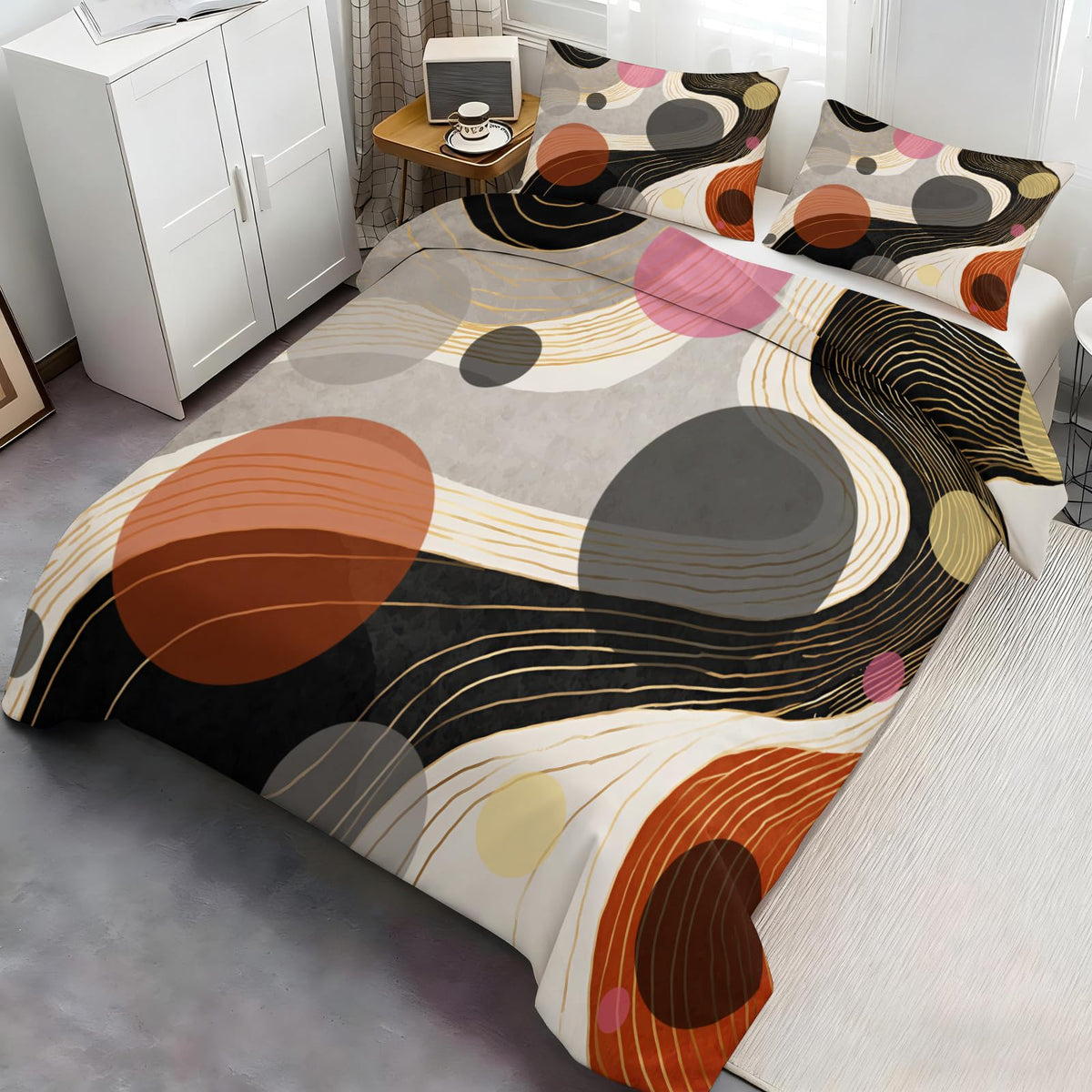 ZAOMIR Geometric Abstract Duvet Cover Twin Size for Teen Women Adult, Modern Geometric Line Bedding Set 3 Piece, Minimalist Mid Century Circle Patterned Comforter Cover with Zipper, 2 Pillowcases