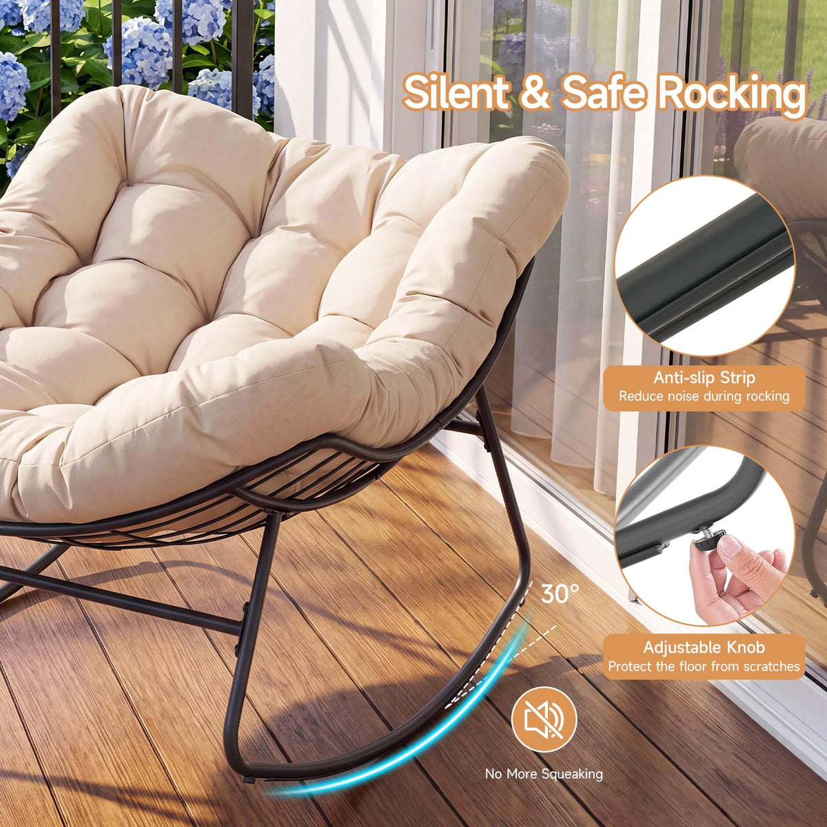 Dovov Outdoor Papasan Rocking Chair, Oversized Rocking Chair with Thickened Cushion, 450 lbs Heavy Duty Comfy Patio Egg Chair, Oversized Outdoor Rocker Chair for Porch Garden Balcony Indoor, Beige