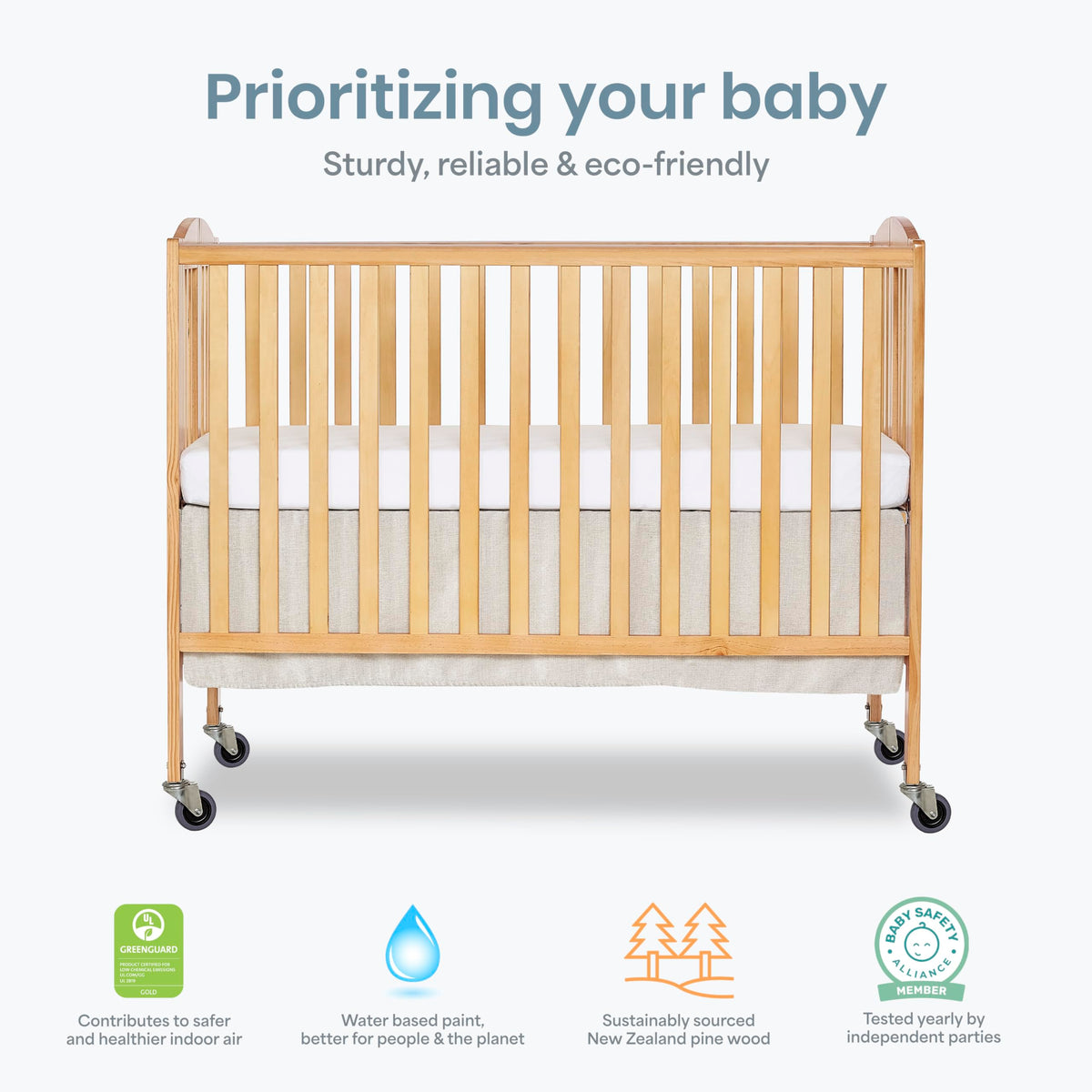 Dream On Me Folding Full Size Convenience Baby Crib with Durable Metal Wheels, Portable Space-Saving Design, 2 Adjustable Heights, Easy Fold Flat Storage, GREENGUARD Gold & BSA Certified, Natural