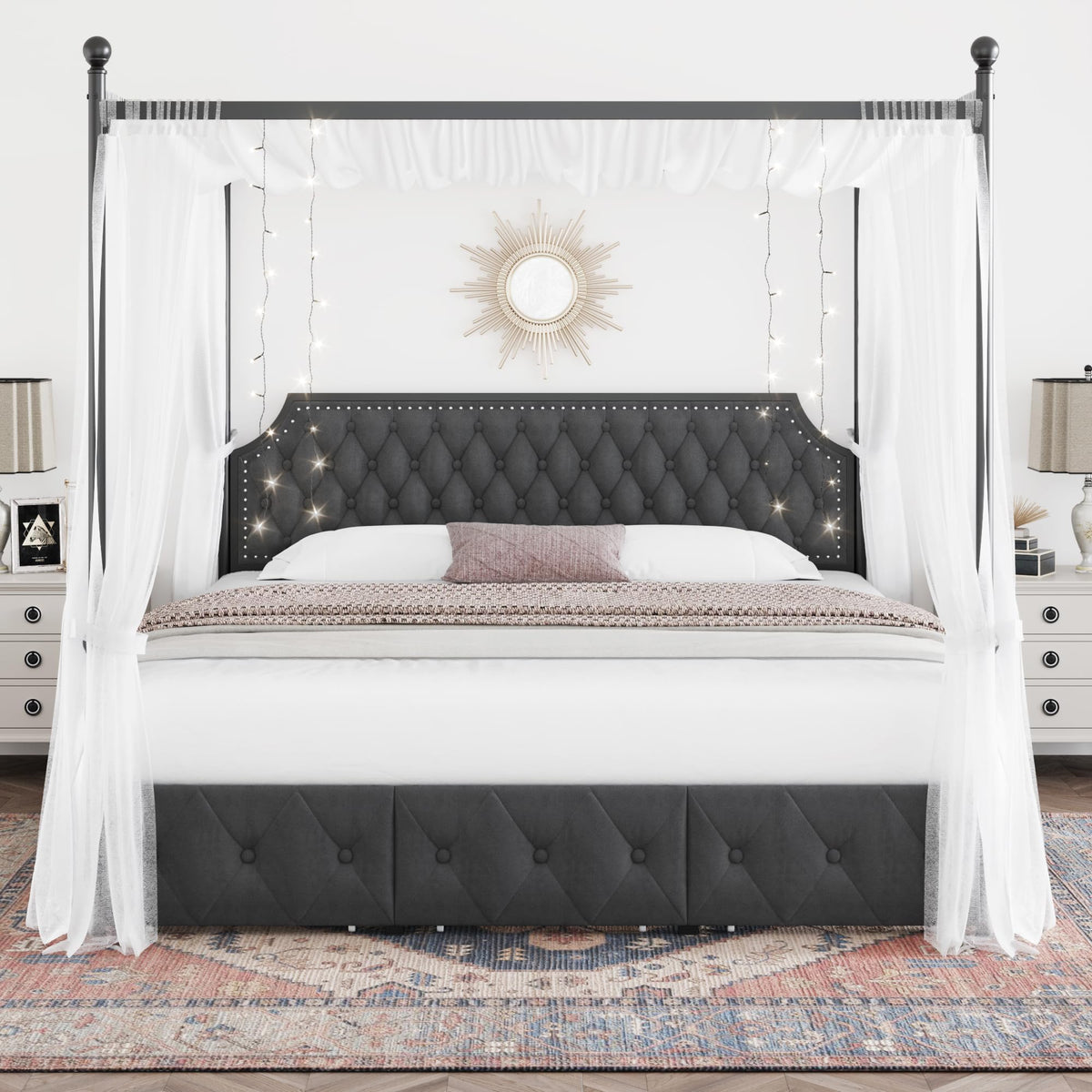 Keyluv King Upholstered Canopy Bed Frame with 3 Storage Drawers & Button Tufted Headboard, Metal Platform Bed with 4 Removable Posts, Two-Purpose Velvet Bed, Dark Grey/Curtain Not Included