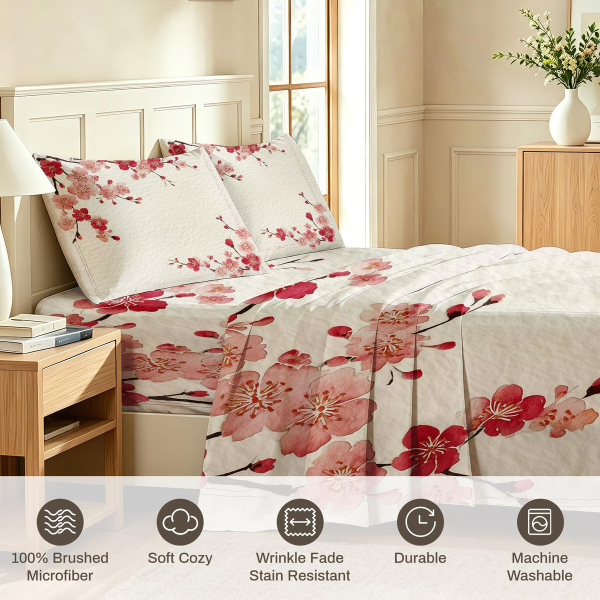 Cherry Blossom Full Sheet Set Japanese Red Flower Flat Fitted Sheet Sets