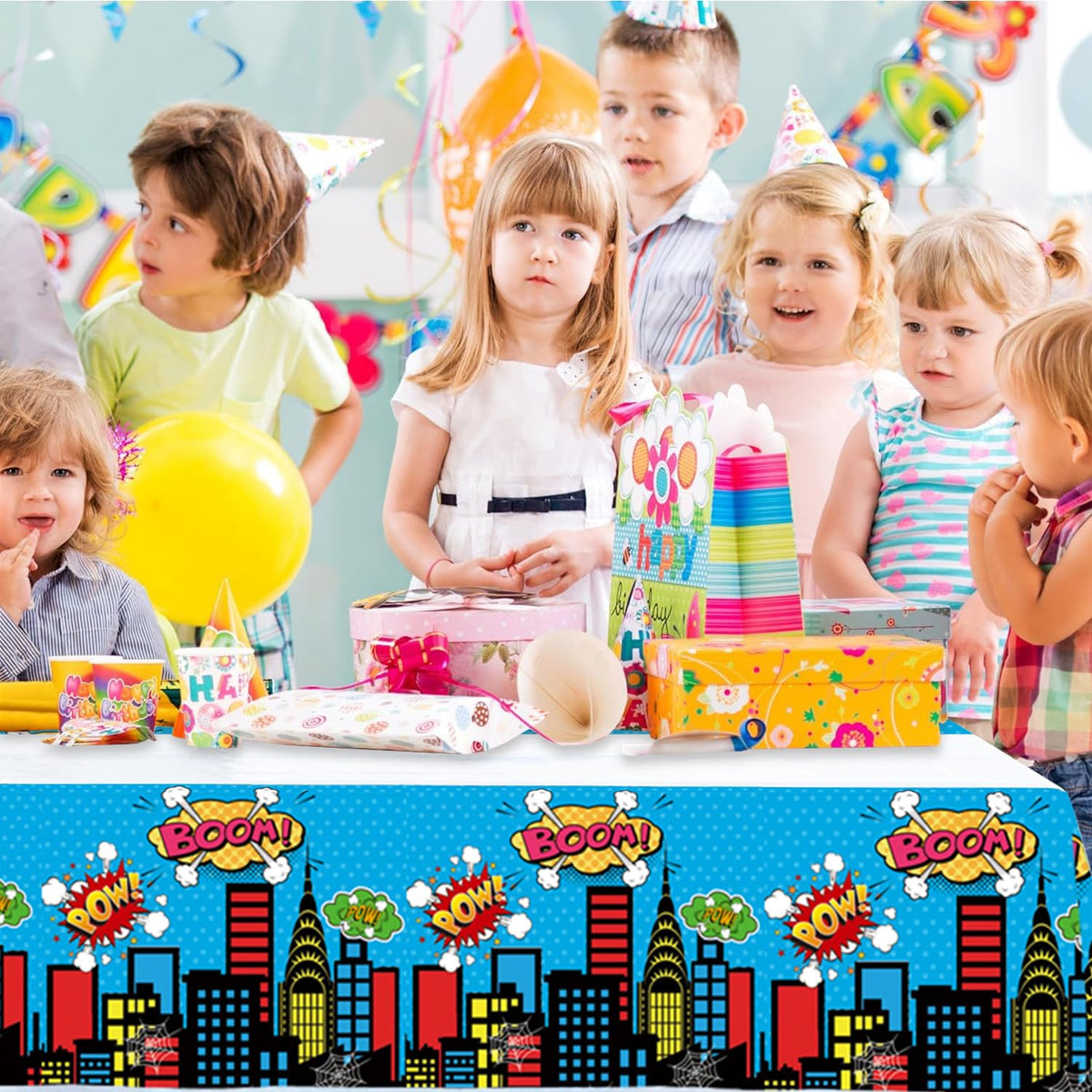 LANHYER 2Pack Super Theme Hero Tablecloth Birthday Party Decoration Include Tableware Supplies Tablecloth for Cityscape Kids Baby Shower Birthday Party Decorations