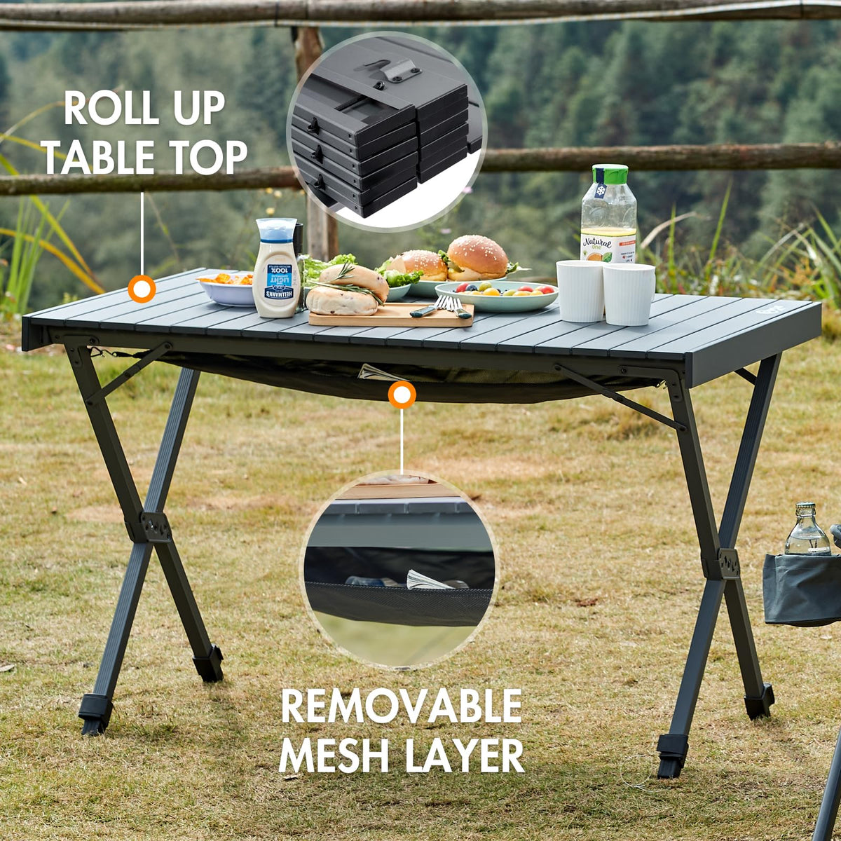 PORTAL Folding Outdoor Camping Table with Adjustable Height, Aluminum Roll-Up Top and Carry Bag, Big Large Portable Tables for Picnic, BBQ and Tailgating, Dark Gray