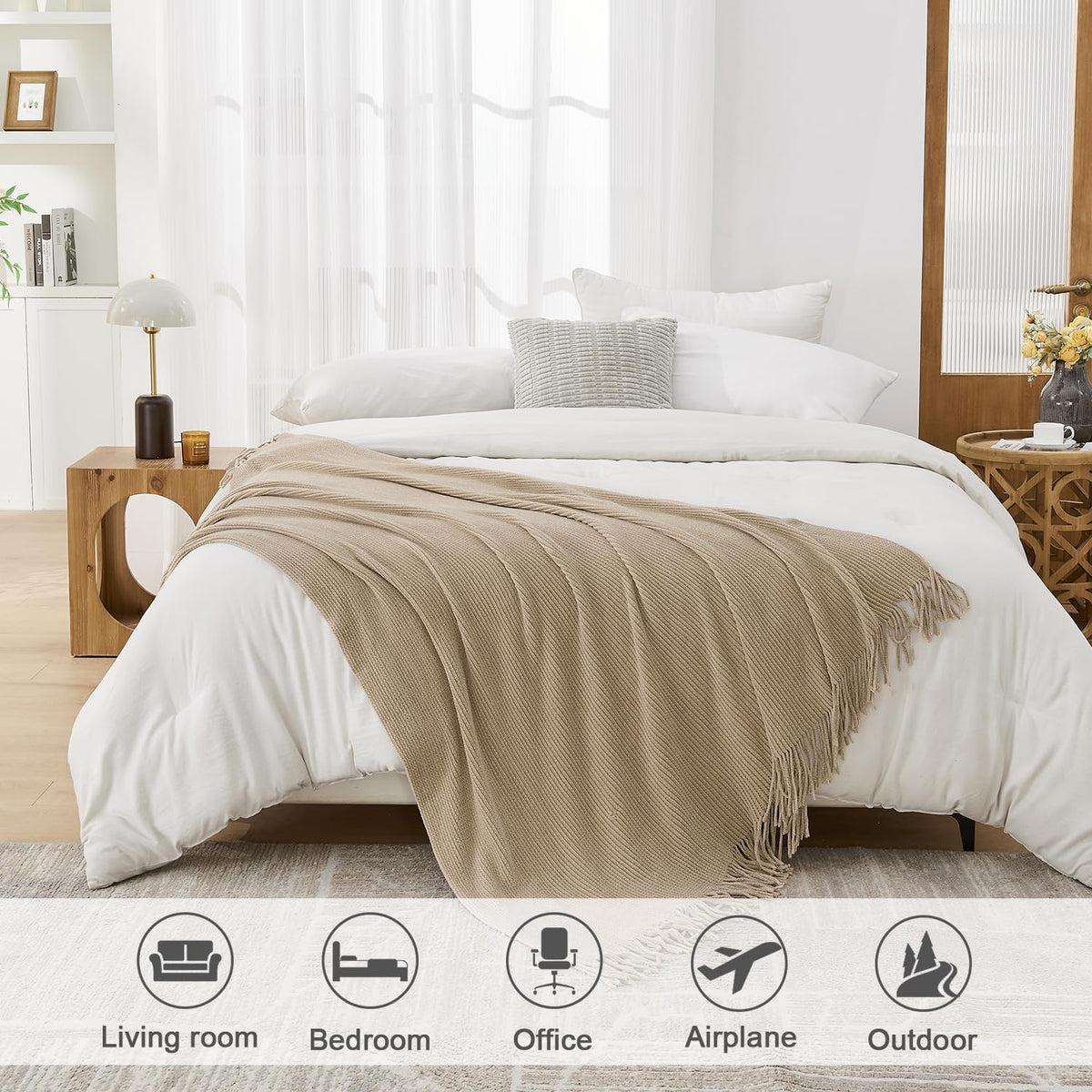 lifein Throw Blanket for Couch, Soft Boho Decor Bed Throw,Cozy Beige Knitted Chenille Small Farmhouse Lightweight Throw(Beige,50 * 60")