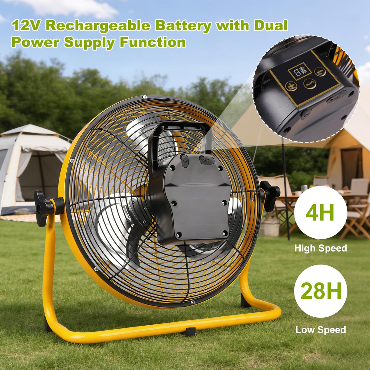 12'' Solar Powered Floor Fan Rechargeable, Long Lasting Portable Battery Operated Floor Fans with 12 Speeds, 20W Panel & AC Charging, 360° Tilt for Outdoor Camping, Chicken Coop, Garage (Yellow)