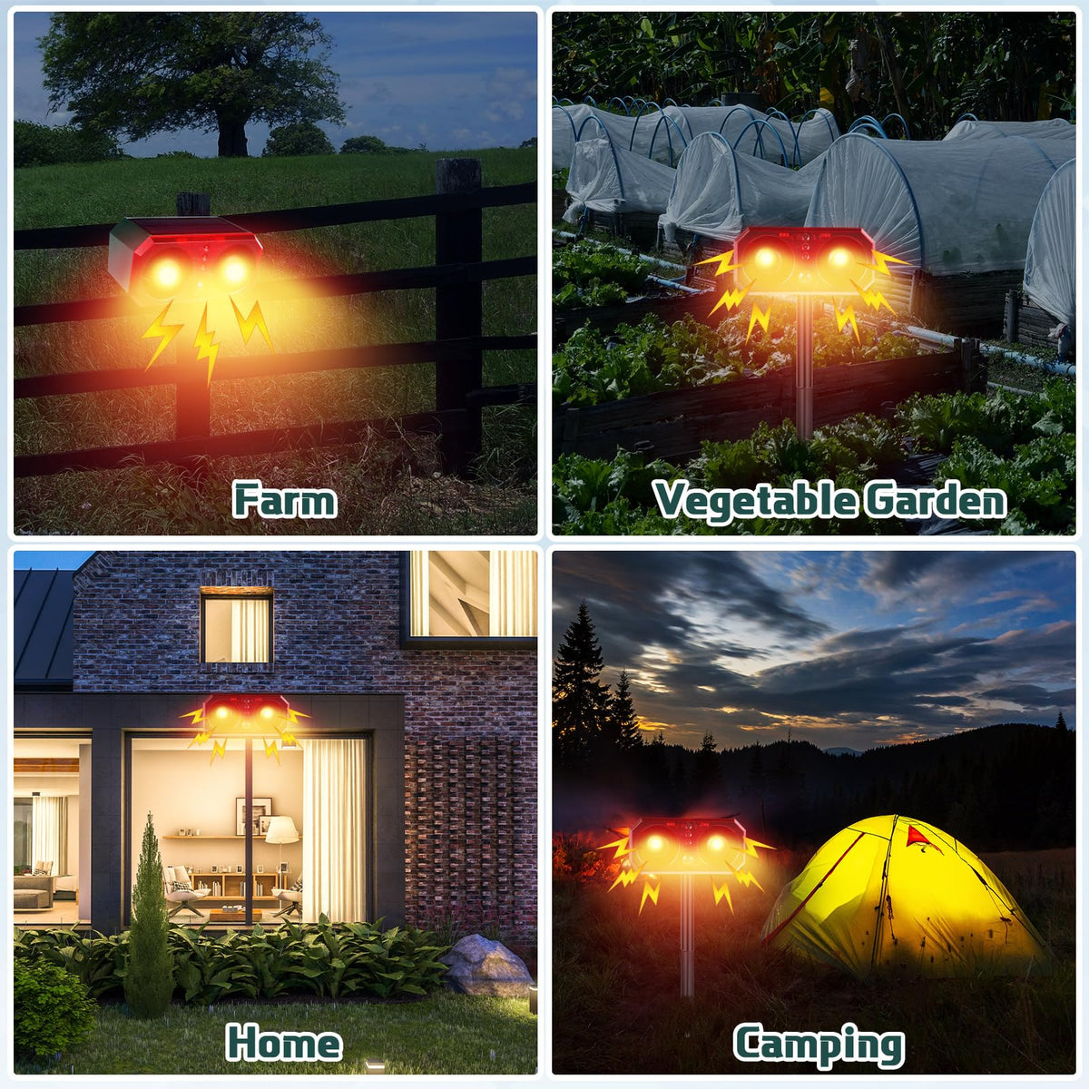 Qualirey 4 Pcs Solar Outdoor Motion Sensor Alarm with Stake Animal Deterrent Dog Barking Sensor 13 Sound 130db Loud Noise Maker 4 Mode with USB Remote Control Support Recording Volume Adjustment