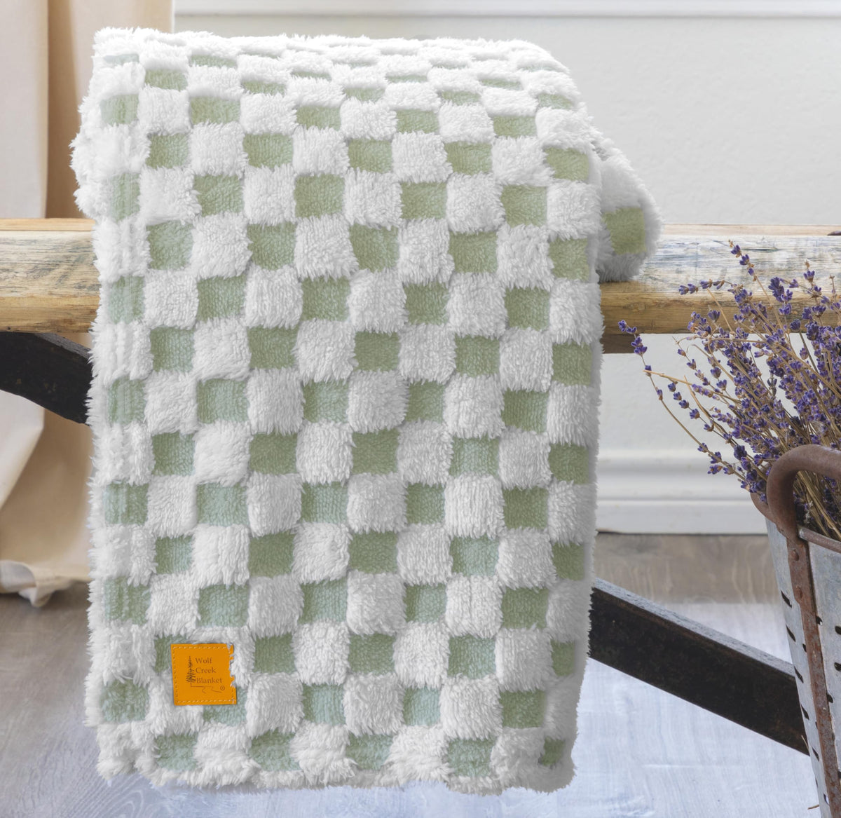 Sage Green & White Fuzzy Fun 3D Checkered Throw Blanket – Ultra Soft Shaggy Fleece for Cozy Comfort. Beautiful Gift for Women with Style 50 x 65 inches.