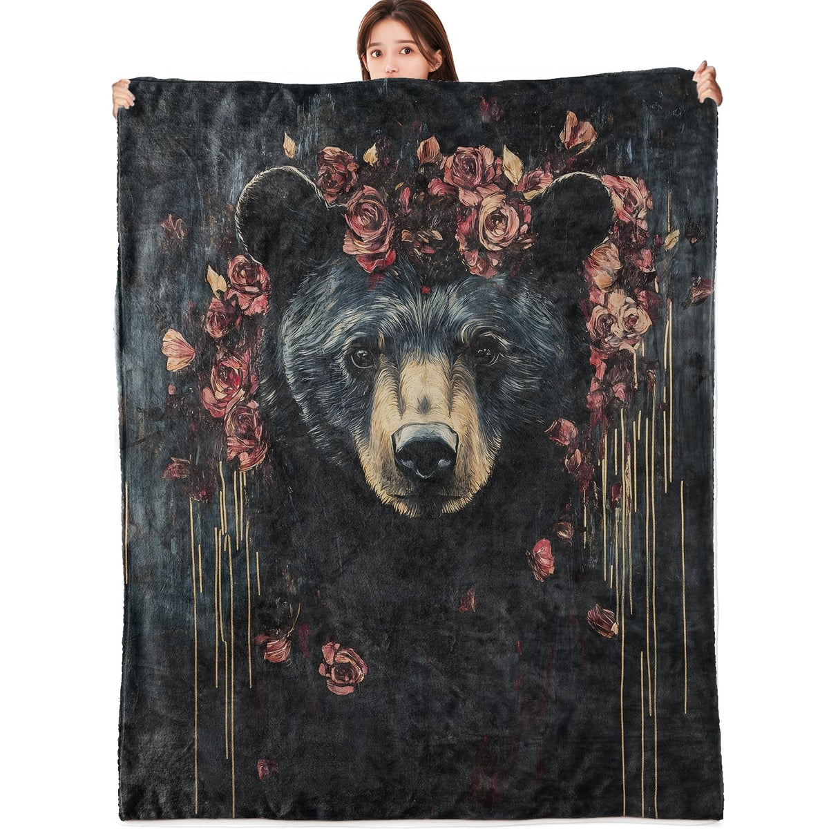 vnlvnl Black Bear and Rose Blanket Lightweight Flannel Blankets Gifts for Adults with Dramatic Floral Printed Throw for Couch Chair Office Bedroom Fall Winter Decor, 60x50inch