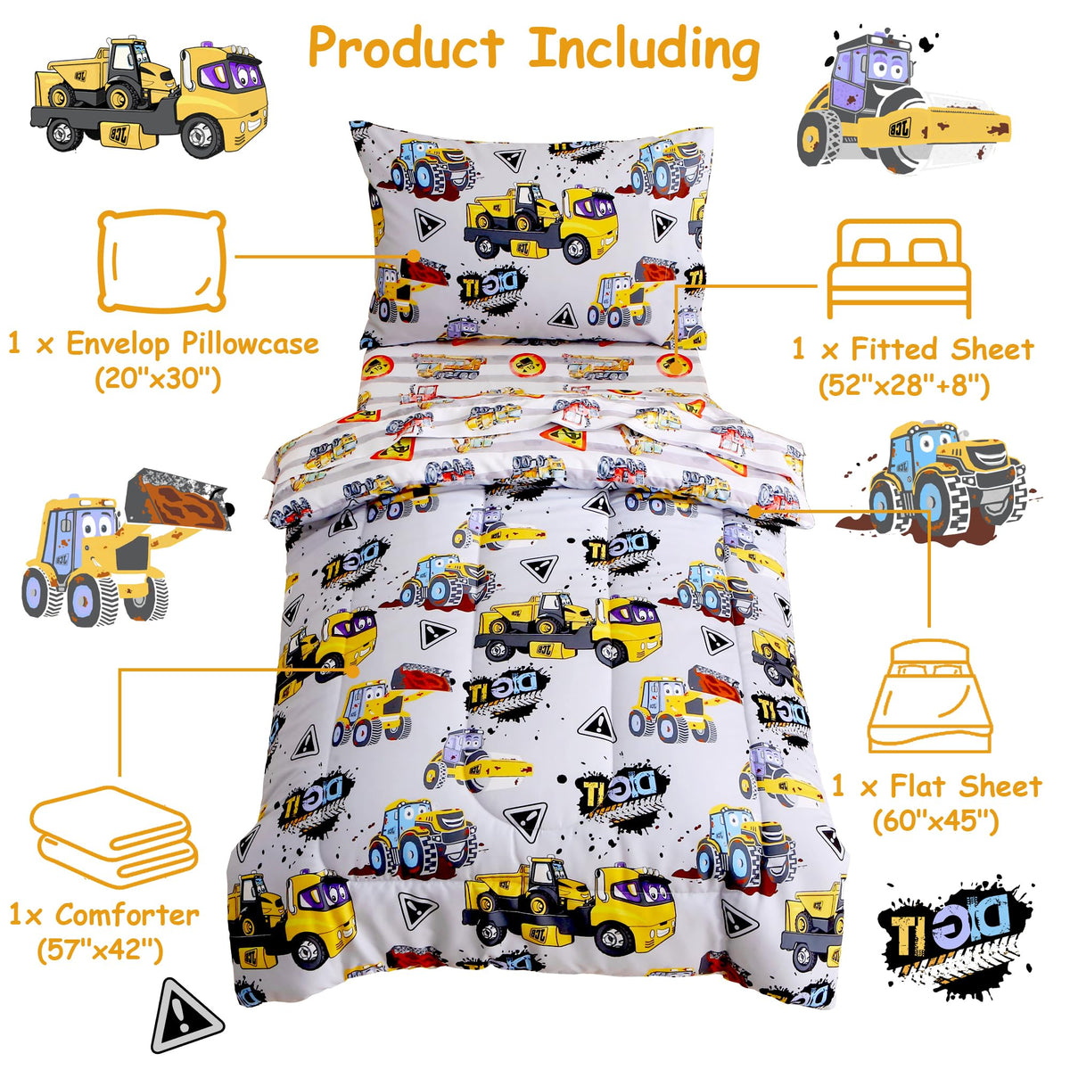 Mooreeke 4 Pieces Toddler Bedding Set - Grey Cool Heavy-Duty Vehicles Toddler Comforter Sets for Boys, Includes Comforter, Flat Sheet, Fitted Sheet and Pillowcase, Bed in A Bag for Baby Bedroom