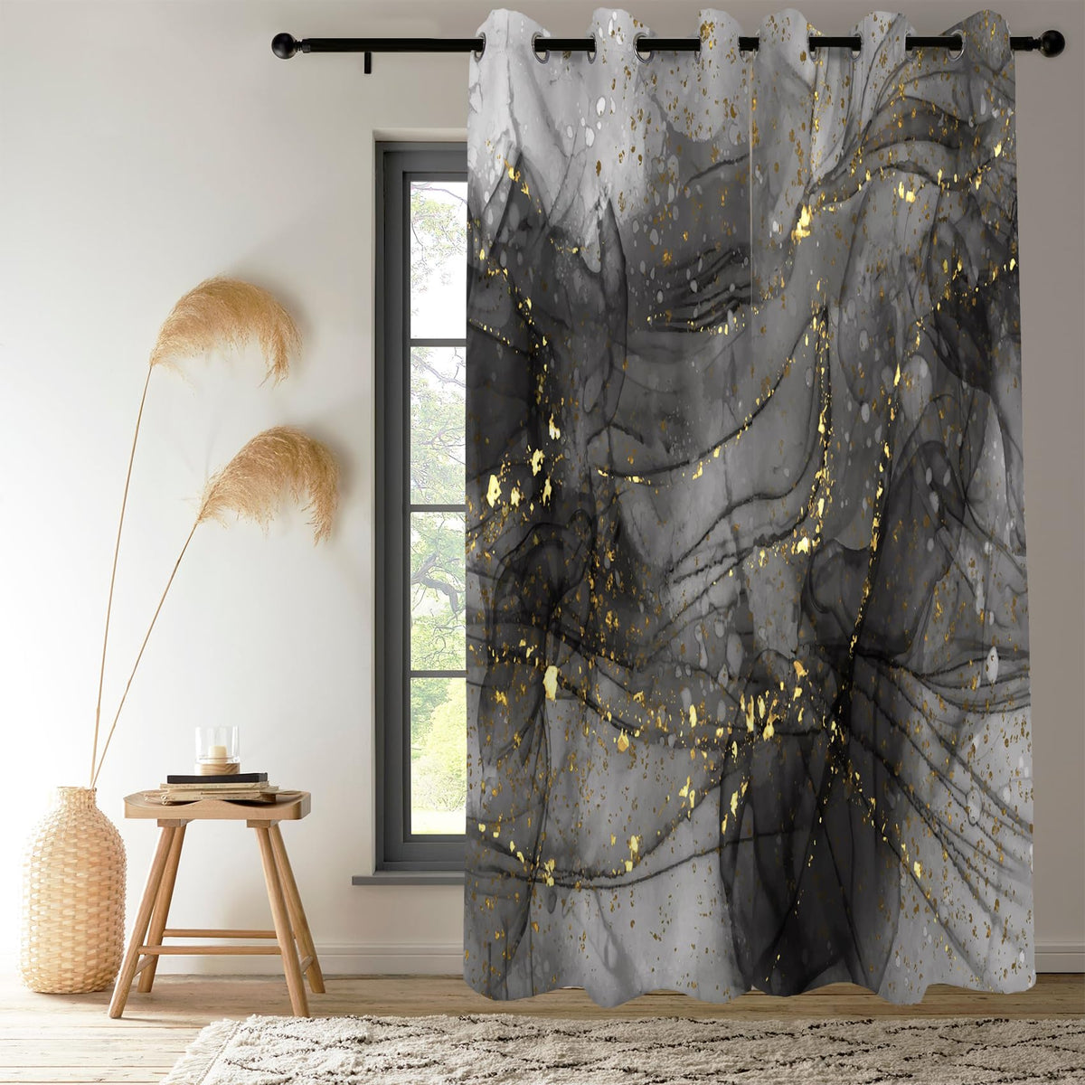 Renaiss Black & Gold Marble Blackout Curtains, Modern Art Gray Ombre Luxury Golden Decorative Window Curtains, Aesthetic Grommet Window Drapes for Bedroom Living Room Set of 2 Panels 42Wx63L inches
