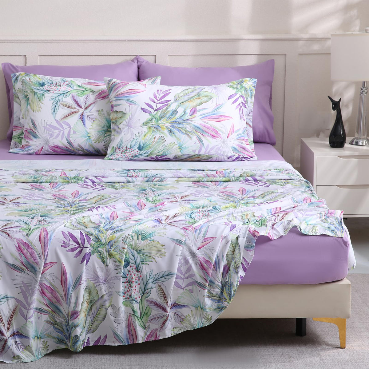 LONAVA Botaincal King Size 6 Pcs Sheet Set, Breathable Microfiber Deep Pocket Lavender Fitted Sheets, Comfy & Breathable Patterned Flat Sheets,4 Gentle Soft Pillowcases, Tropical