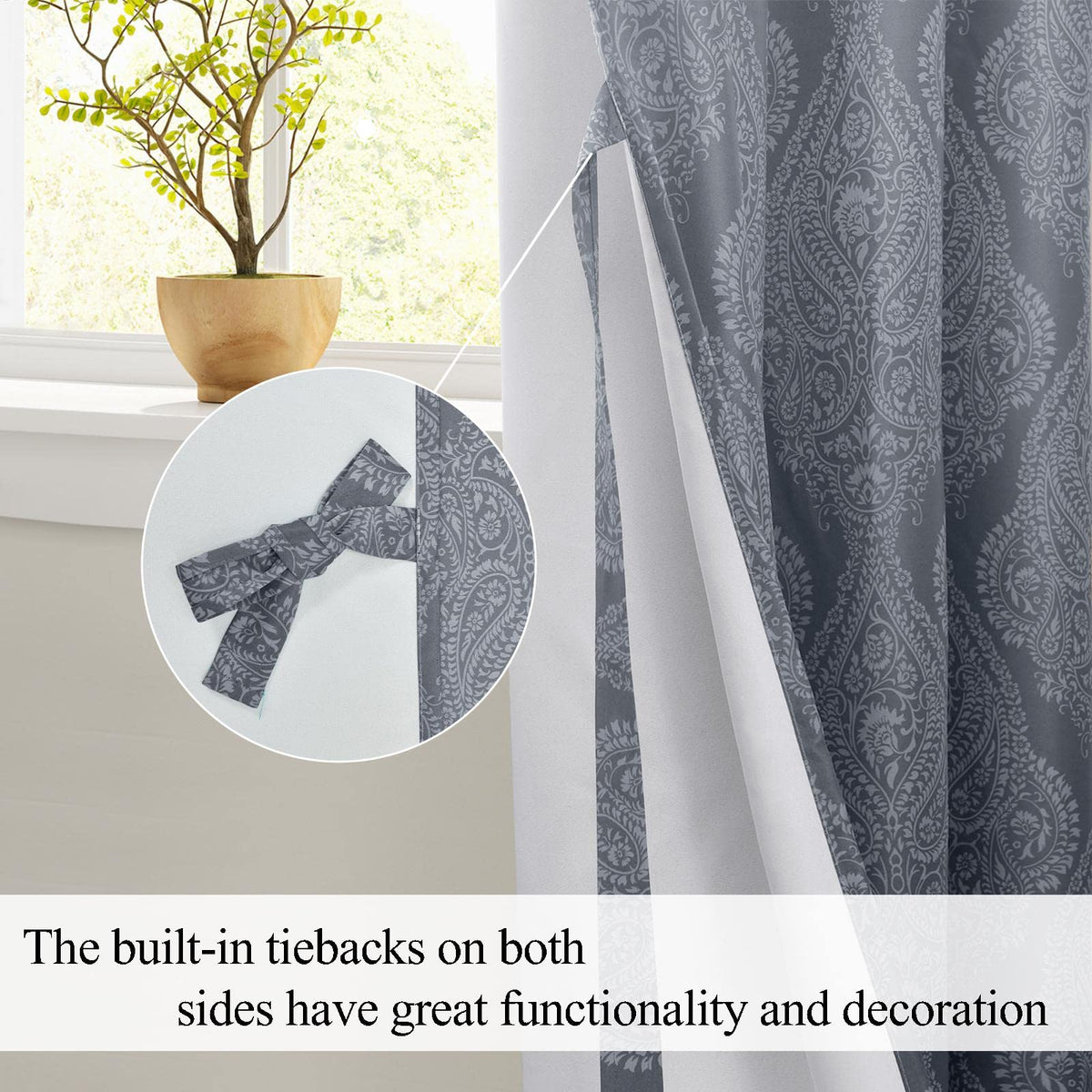 JIUZHEN Grey Ombre Blackout Curtains for Bedroom– Damask Patterned Thermal Insulated Noise Reducing Grommet Curtains with Tiebacks, 42 x 63 Inches, Set of 2 Window Curtain Panels