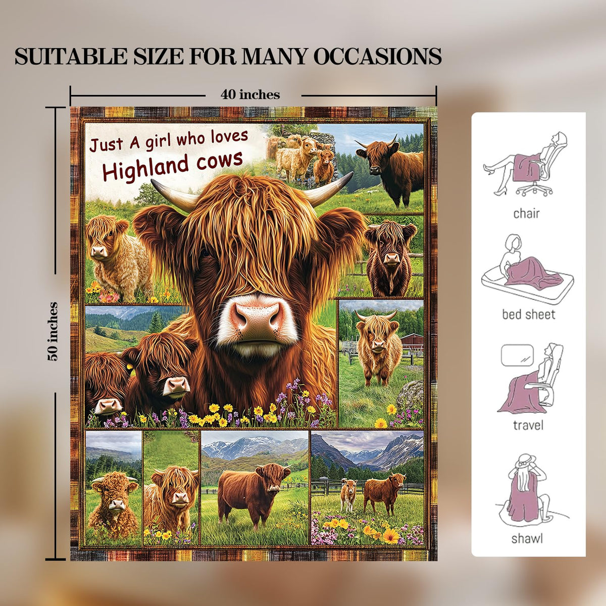 Highland Cow Blanket Highland Cow Decor Cozy Animal Throw Super Soft Plush Flannel Fleece Blanket Gift for Kids Adults Men Women Ultra Warm & Lightweight Flannel, 50"X40"