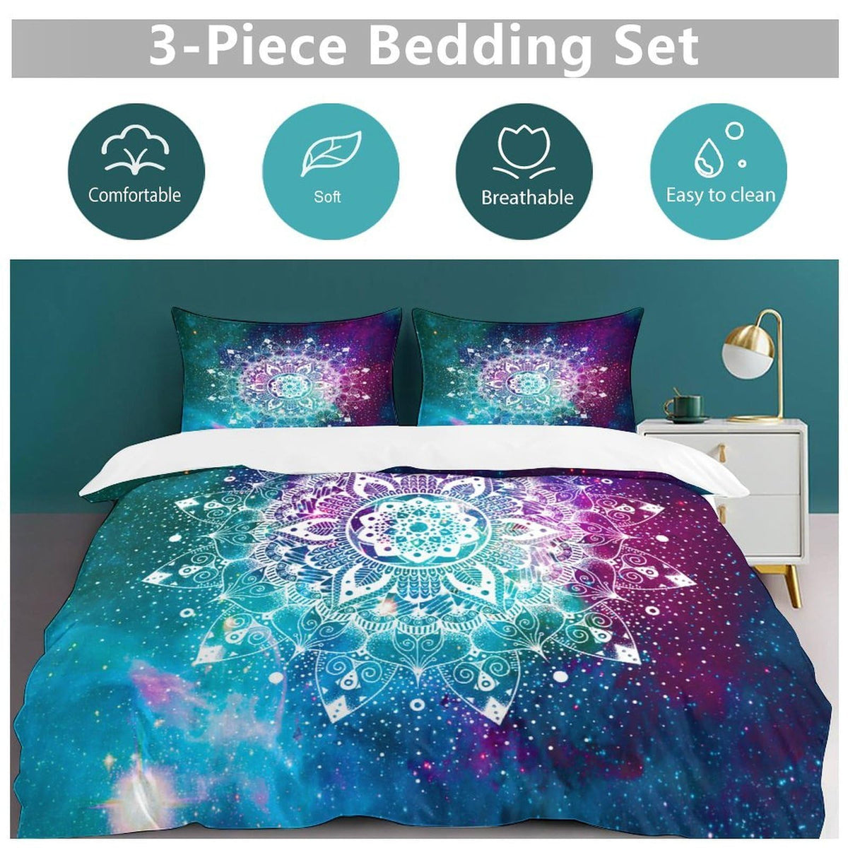 AAVEUP Hippie Comforter Set Boho Mandala Galaxy Space Indian Trippy Aesthetic Purple Blue Printed Bedding Set with 1 Comforter and 2 Pillowcases for Boys Girls Bedroom 79x90in (Without Liner)