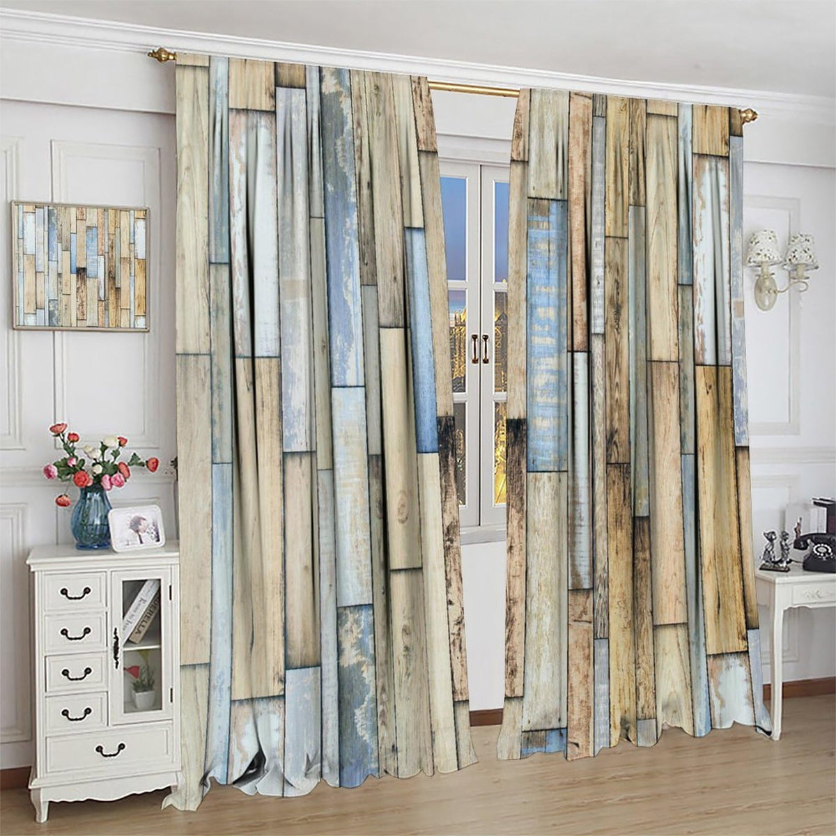 Nanacur Wooden Curtains, Vintage Wood Barn Door Farmhouse Country Rod Pocket Window Treatment for Bedroom Living Room Kitchen Cafe Drapes 41" W X 45" L (No Blackout)