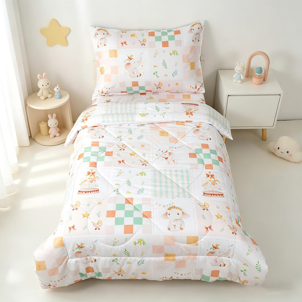 SWESEN Toddler Bedding Set for Girls, Toddler Girls Bedding Set, Soft & Lightweight 4 Piece Toddler Comforter Sets Include Comforter, Flat Sheet, Fitted Sheet, Pillowcase, Elephant