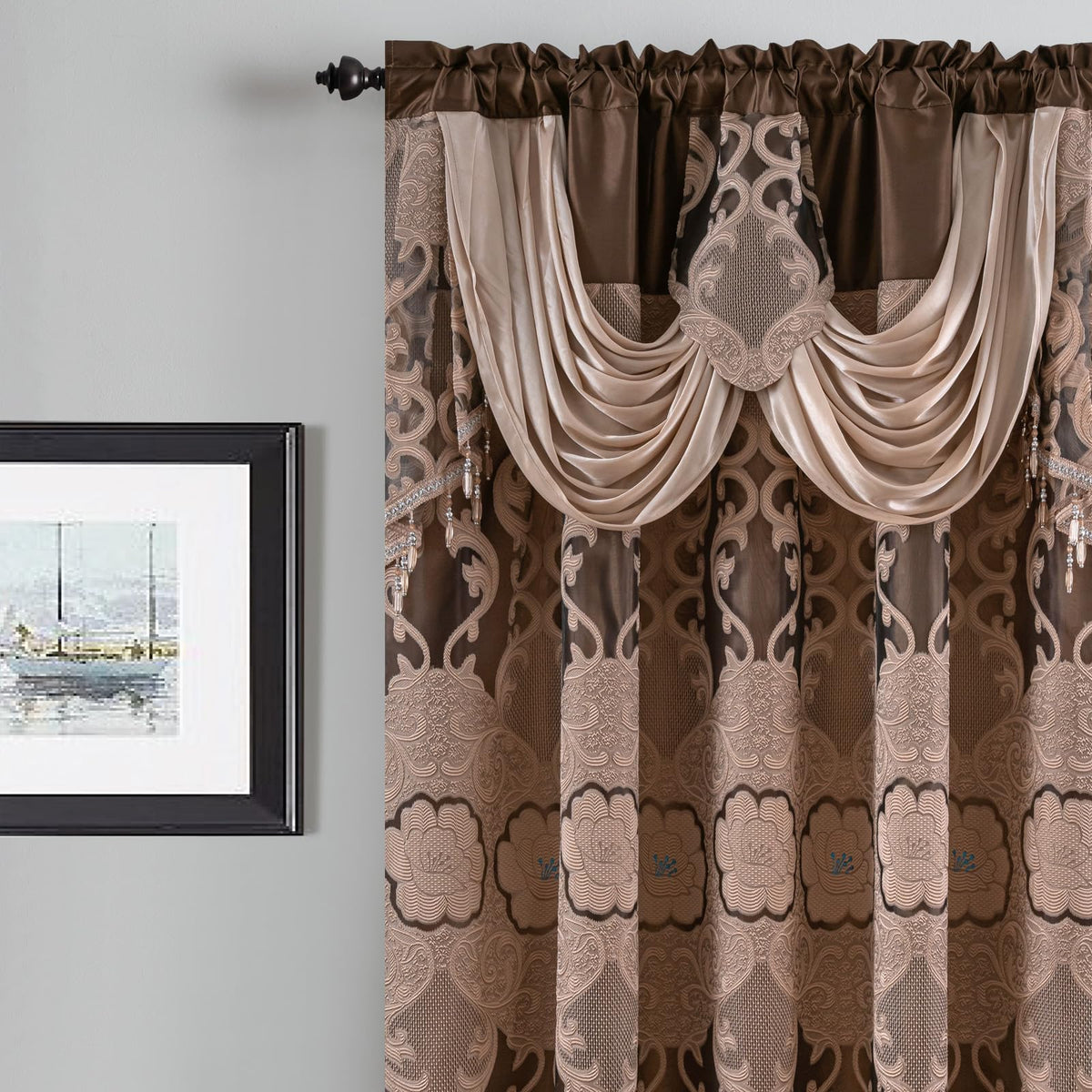 Petrichor Taupe Sheer Jacquard Voile Curtains （54" W x 84" L）, 2 Panels with Attached Valance, Double Layer Floral Cutwork Design with Luxurious Texture,Rod Pocket, for Bedroom & Living Room