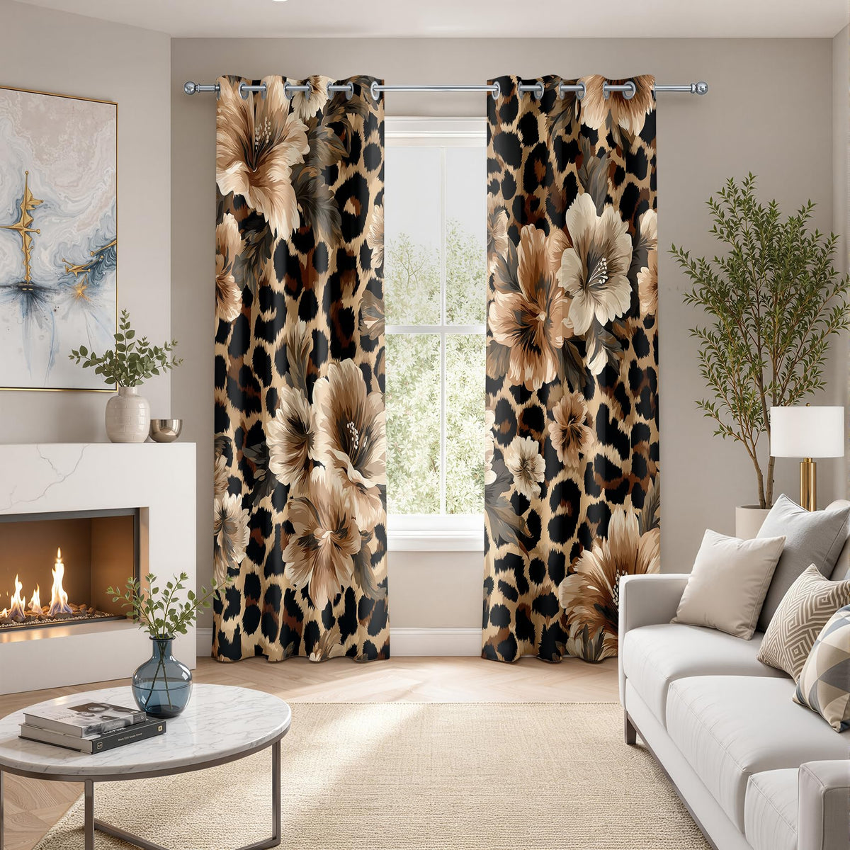 Leopard Print Patterned Curtains Blackout, Thermal Insulated Room Darkening Grommet Drapes for Bedroom Living Room, 84 Inch Curtains 2 Panel Set, Tropical Floral Cheetah Wild Animal Window Treatments