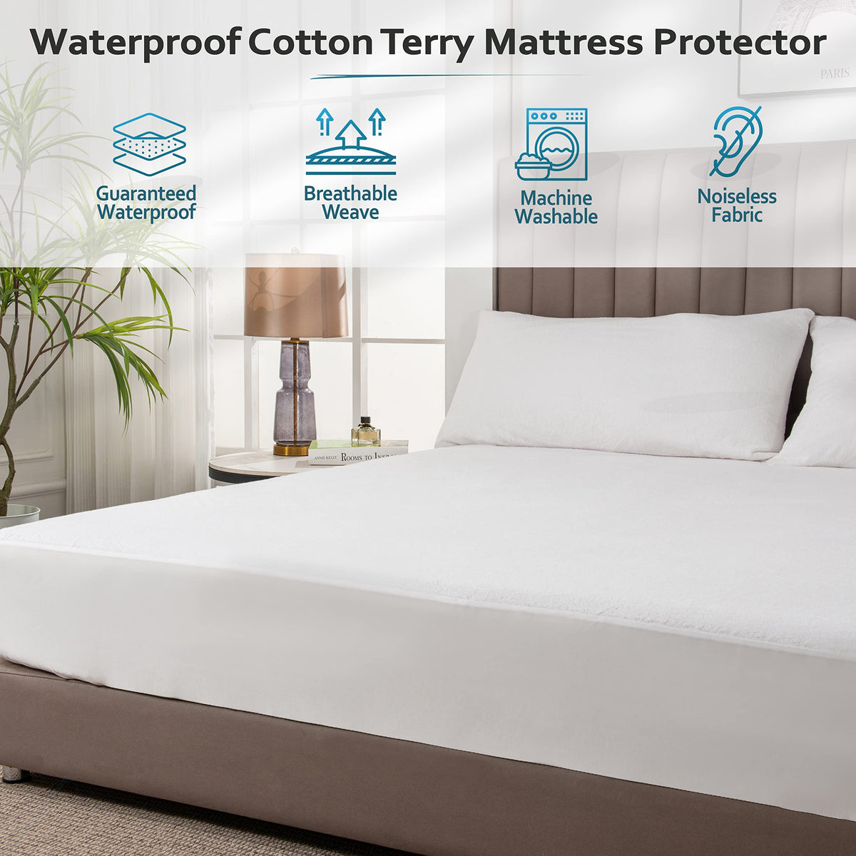 PlushDeluxe Full Mattress Protector, Breathable Soft Terry Cotton Fitted Sheet Bed Cover with Deep Stretchable Pockets, 100% Waterproof, Noiseless, Hypoallergenic, Dust Mite Proof, 54"x75"x15"