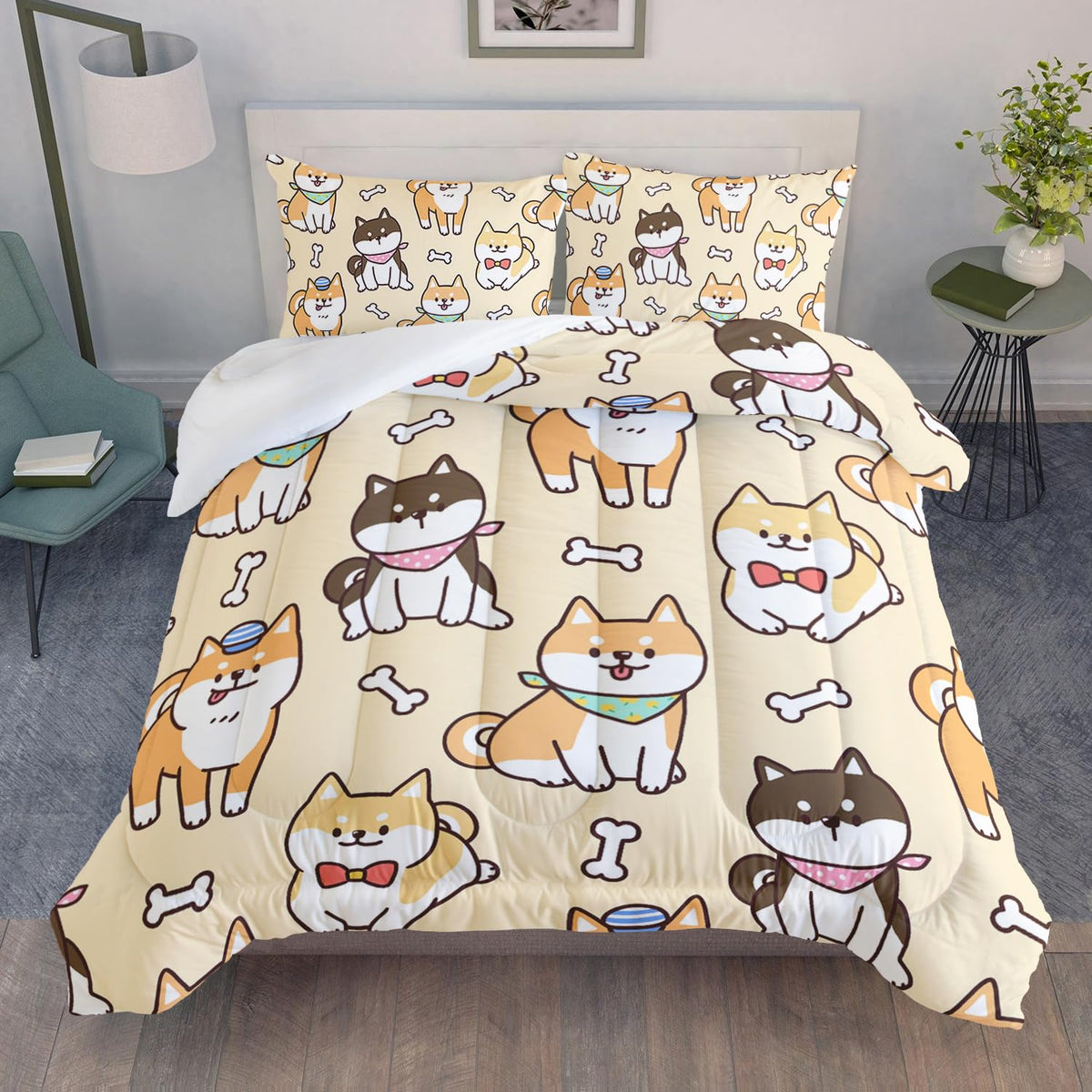 XYNHML Kawaii Cartoon Corgi Dog Animal Themed 3Pcs Comforter Full Yellow Black Dogs Pattern Bedding for Kids Teens Girls Boys Cute White Bone Quilt Bed Decor Set with 1 Comforter and 2 Pillowcases