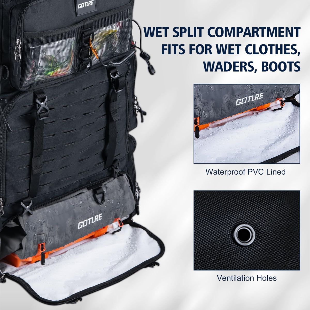 Goture Fishing Backpack with Cooler,72L Large 600D Tackle Backpack with Rod Holders,Dry & Wet Split Compartment,Adjustable Main Compartment,Rain Cover,Insulated Tactical Bag for Travel Camping Hiking