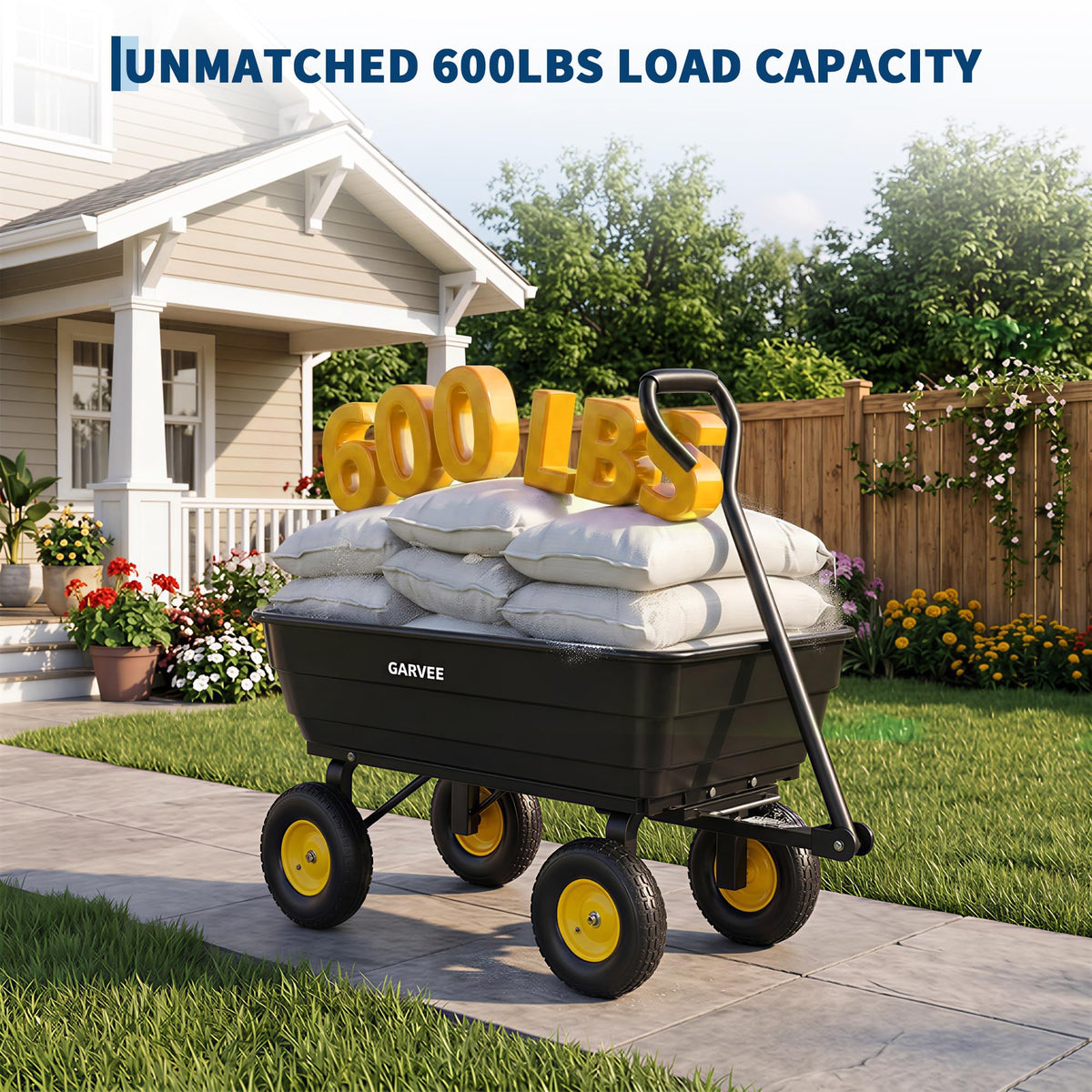 GarveeLife Poly Garden Dump Cart, 600 lb Wheelbarrow Yard Cart with 10 in Wheels, Quick-Dump & Towable Utility Wagon for Yard, Soil, Rocks（Black）