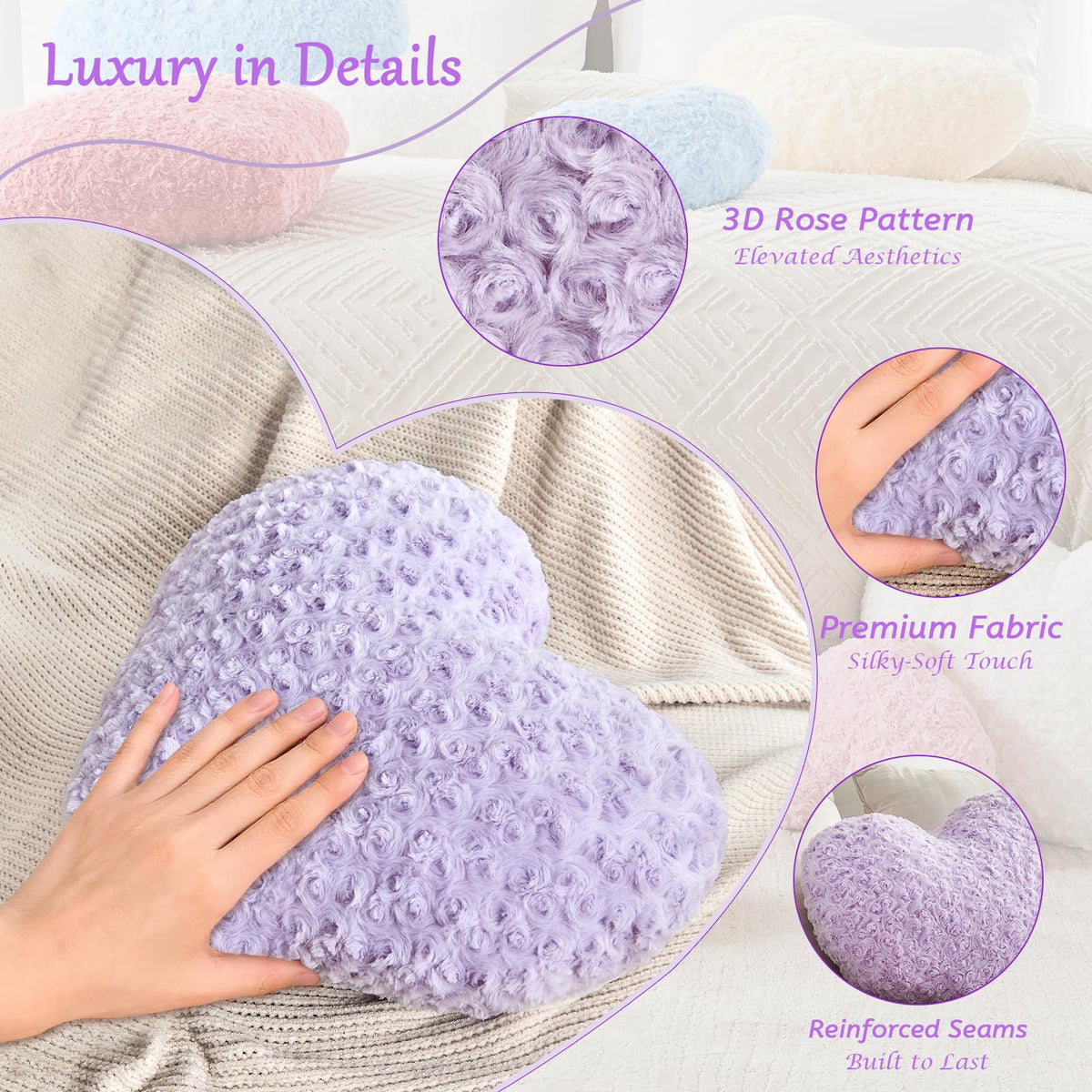 IREMATE Heart Pillow Purple Throw Pillows, Soft Fluffy Decorative Pillows for Bed Couch Chair, Cute Heart Shaped Room Decor Gifts for Valentine Anniversary Birthday Mothers Christmas (Medium, 20"x15")