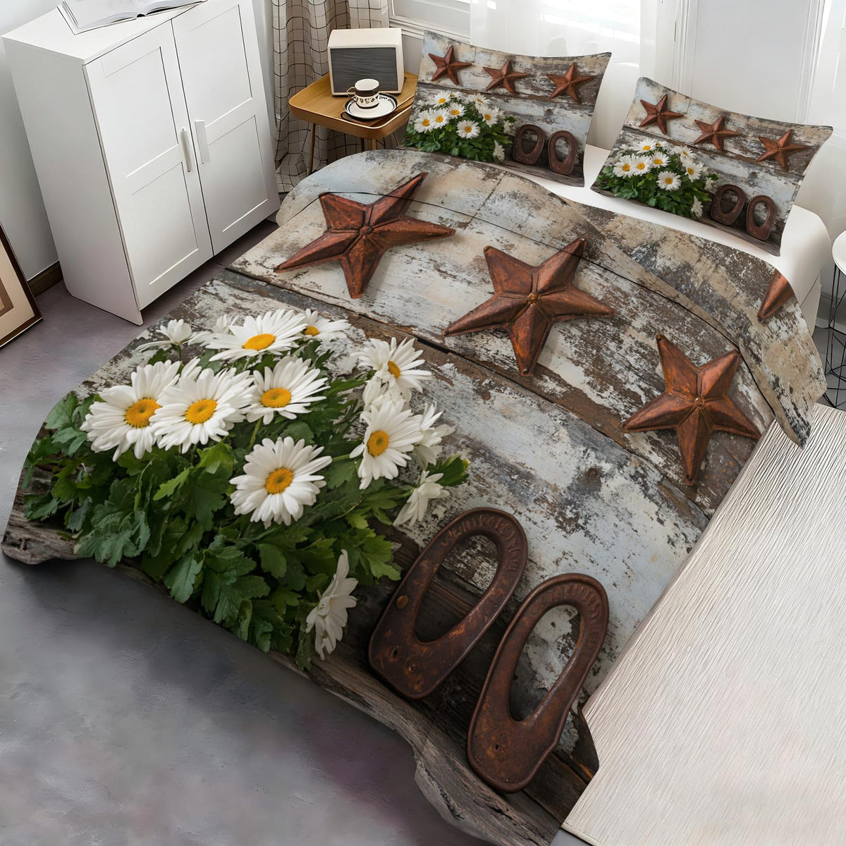 GKPLY Rustic Daisies Bedding Duvet Cover, Farmhouse Star Comforter Set with Zipper, Vintage Floral Duvet Cover Queen, 3 Pieces Countryside Bedding, 2 Pillowcases