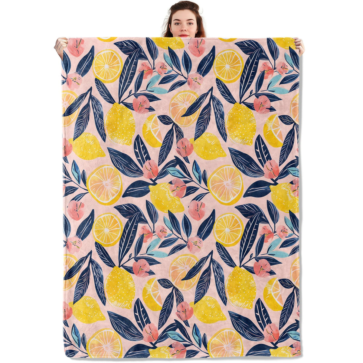 qxfqxf Bright Lemon Blanket Lightweight Blankets Gifts for Adults Flannel Throw with Pink Flower and Navy Leaf Printed for Sofa, Bed, Travel, Picnic, Camping, Office, Summer Decor Throws 60x50 Inch