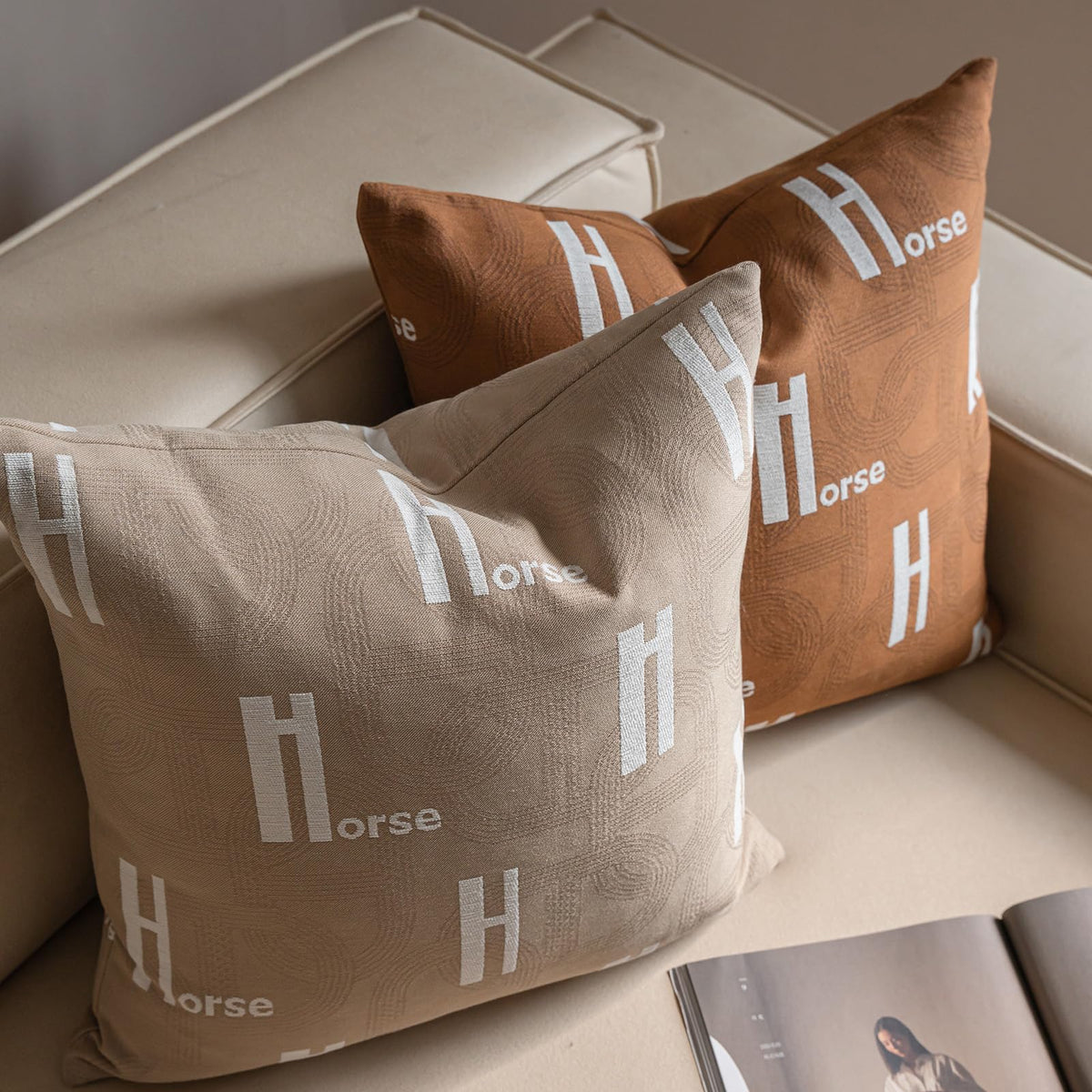 Croker Horse 20x20'' Inches Throw Pillow Cushion Cover - Beige H Letter Embroidery Modern Fashion Style Couch Sofa Pillow Cover for Living Room Bedroom