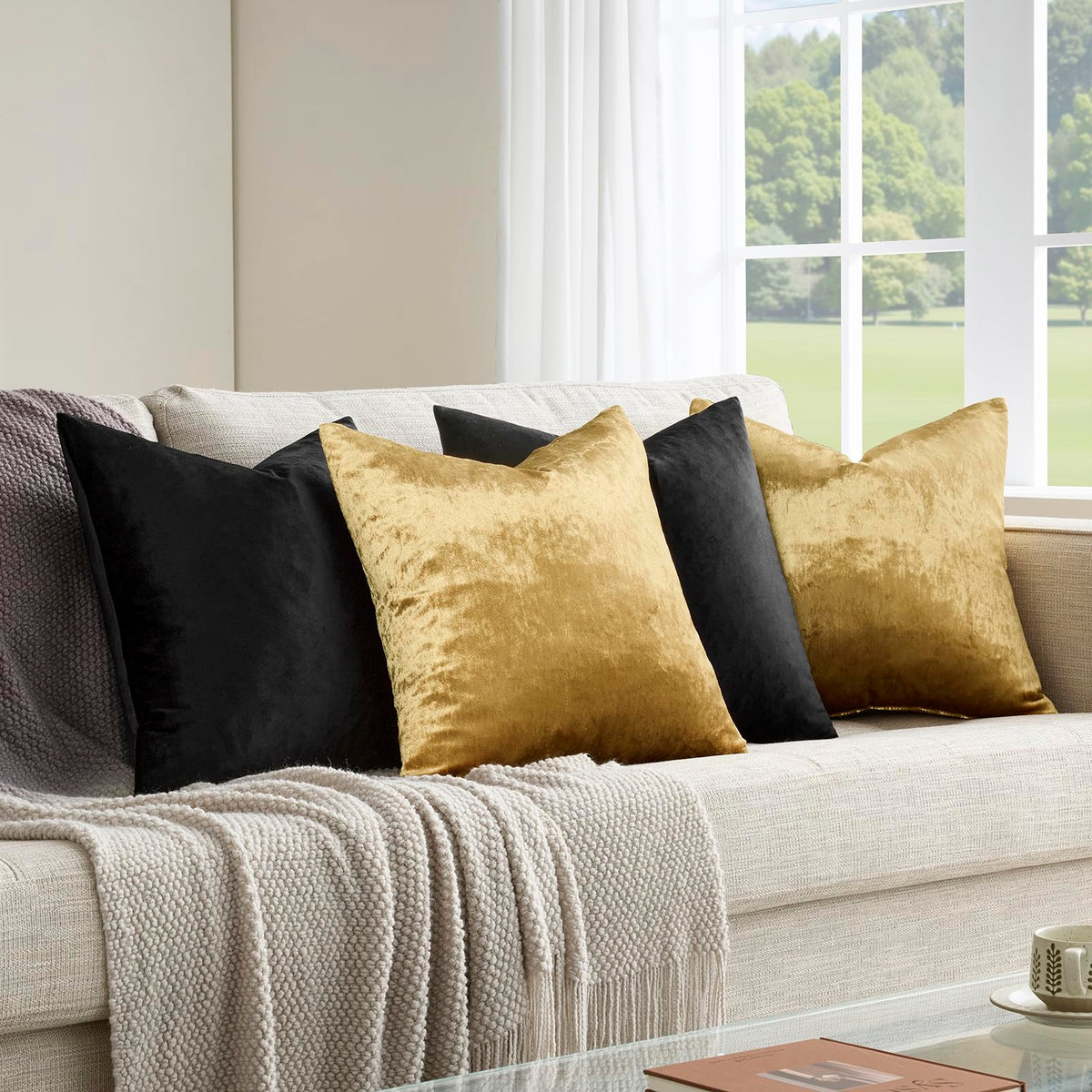 GIGIZAZA Decorative Throw Pillow Covers 18 x 18,Gold Black Soft, Set of 4 Square Velvet Cushion Covers