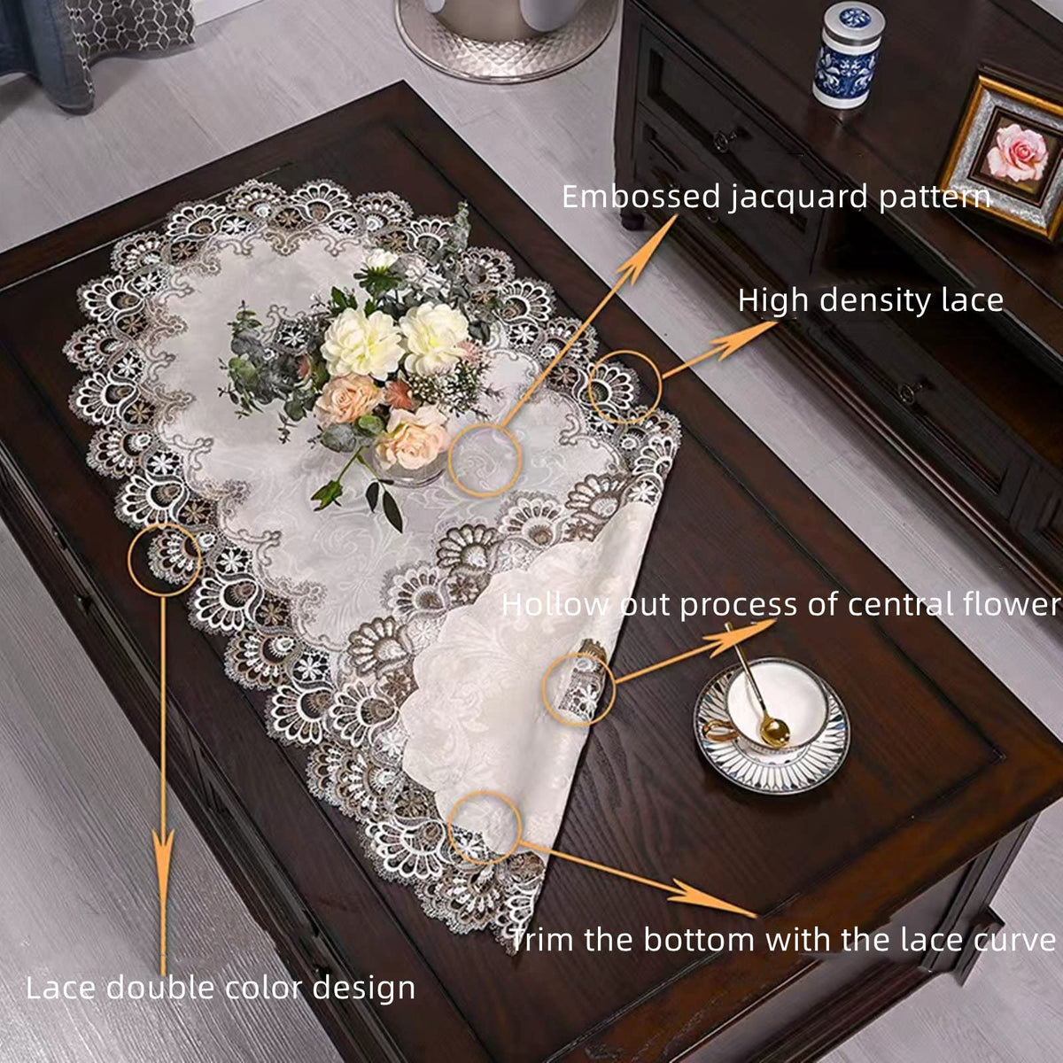 ZMNSZBDBeige Embroidered Lace Tablecloth Lace Coffee Table Cover Oval Hollow Fabric Tablecloth, Washing Machine, Dryer, Refrigerator Top Dust Cover (27.5''X51'')