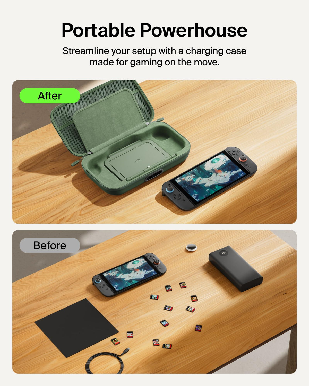 Belkin Nintendo Switch 2 Charging Case Pro, 10000mAh Power Bank, 30W Fast Charging w/Kick Stand - Custom Fit, Hard Shell Carrying Case, 12 Game Card Slots, AirTag Holder, Digital Display - Sage