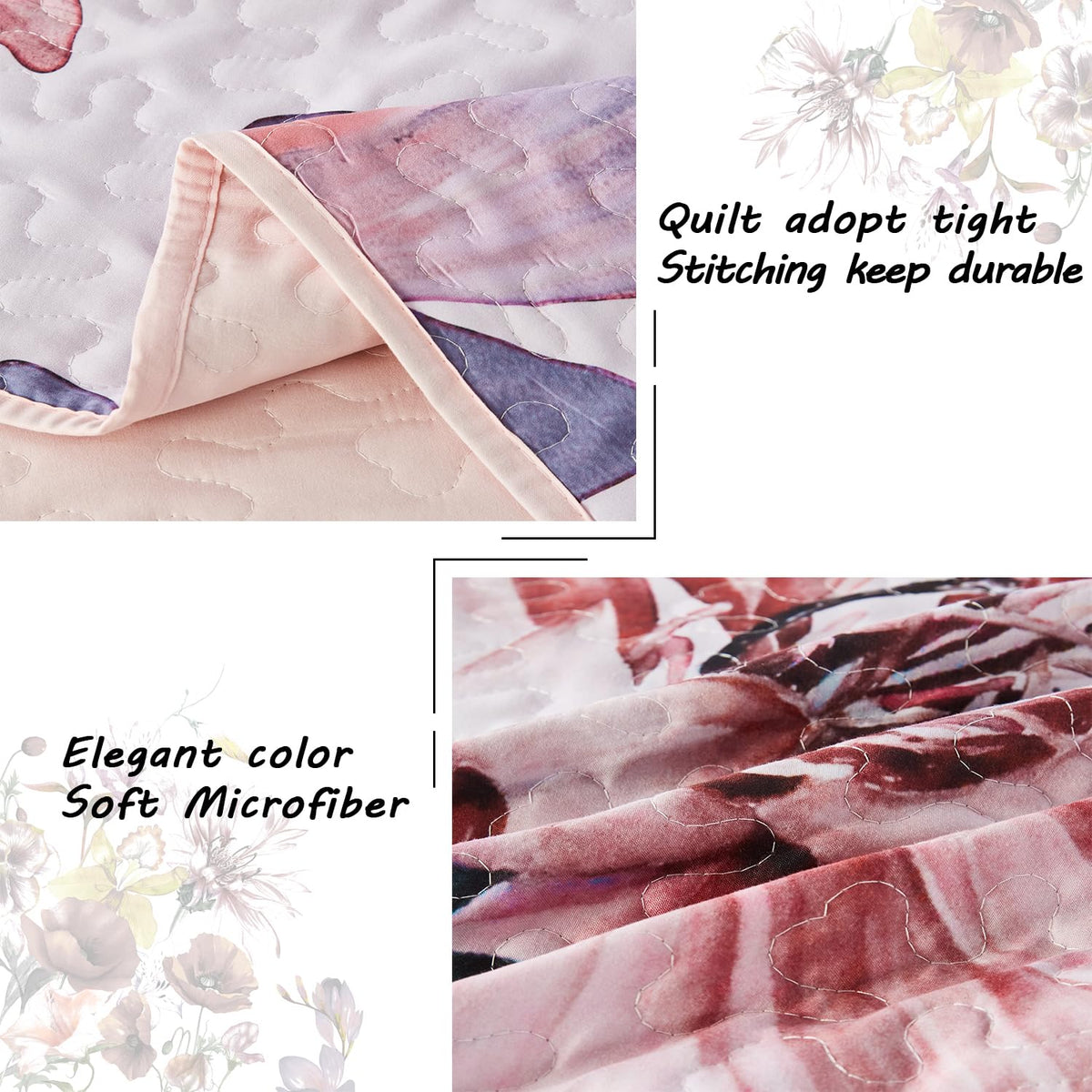 Yogeneg Full Queen Size Quilt Set,Elegant Floral Botanical Pattern Pink Bedding Set,3 Piece Lightweight Soft Summer Bedspread Coverlet with 2 PIillow Sham for All Season(Blush Floral,90"x96")