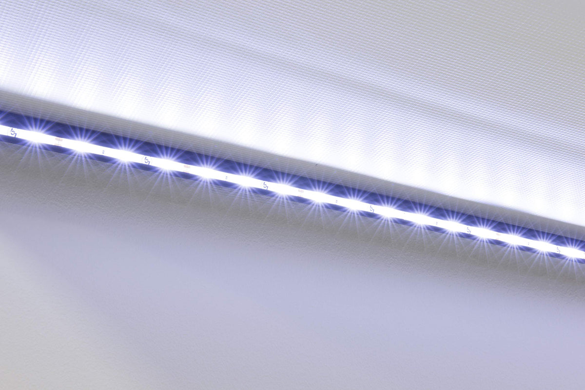 Solera RV Awning Fabric White LED Light Kit with Switch and Plate for 10’-15’ Awnings, Cut-to-fit, Flexible Black Plastic Strip with Lights, Integrated Cord, Visible Extended or Retracted - 674282