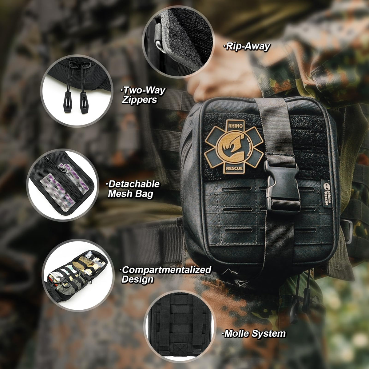 RHINO RESCUE IFAK Trauma Kit with C-A-T Tourniquet, Tactical First Aid Kit Molle Pouch for Military, Combat, Car, Camping, Hiking, Travel (Red)
