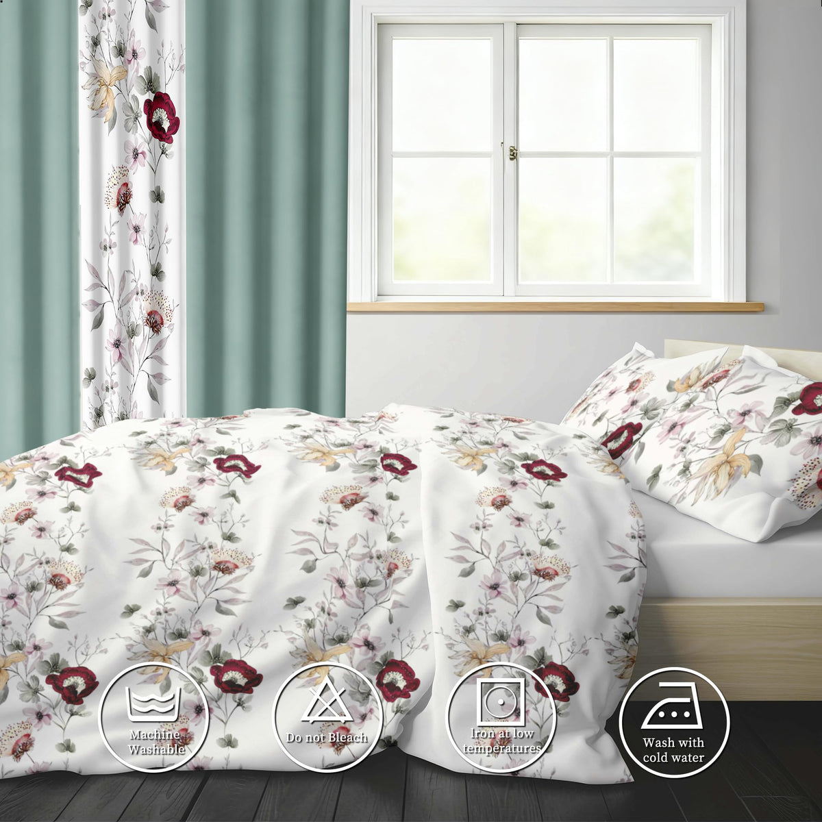 Deepsleep King Bedspread Set 9 Pieces, All Season Luxury Bed in a Bag for Bedroom, with 2 Pillowcases and 6 Curtains, Ultra-Soft Microfiber for Complete Bedroom Decor, Green Flowers