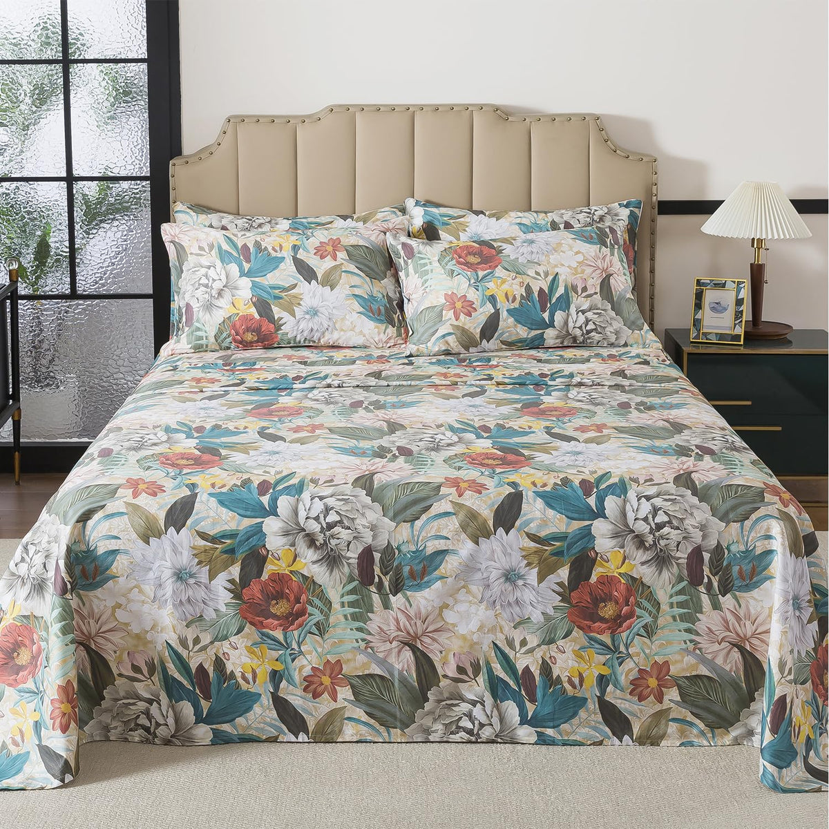 FADFAY California King Sheet Set, 100% Cotton Sateen Soft Breathable, Luxury Vintage Floral Bed Sheets, Deep Pocket Fitted Sheet, Classic Garden Style Bedding, 4 Pieces