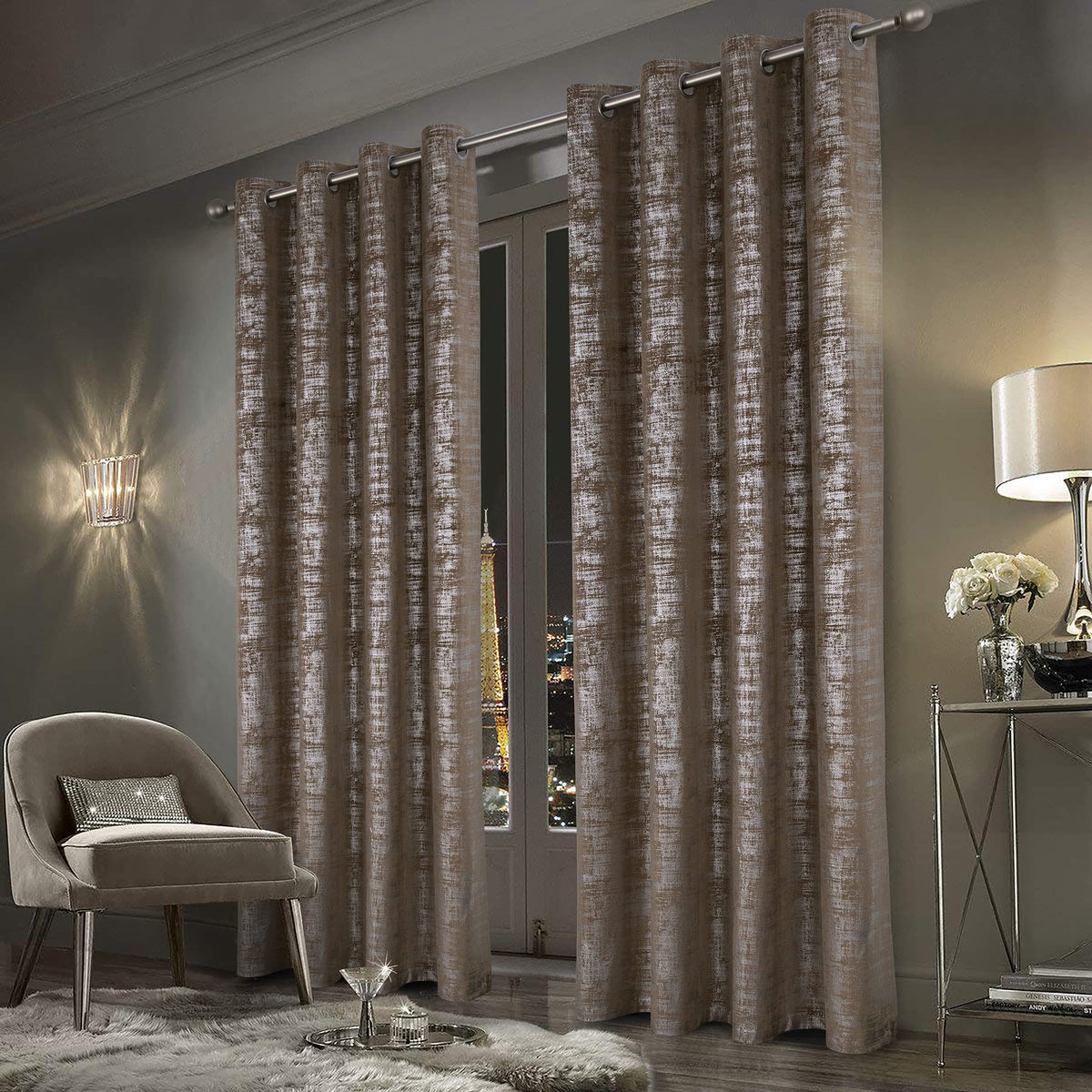 always4u Mocha Soft Velvet Curtains 95 Inch Length Luxury Bedroom Curtains Silver Foil Print Window Treatments for Living Room Bedroom Set of 2