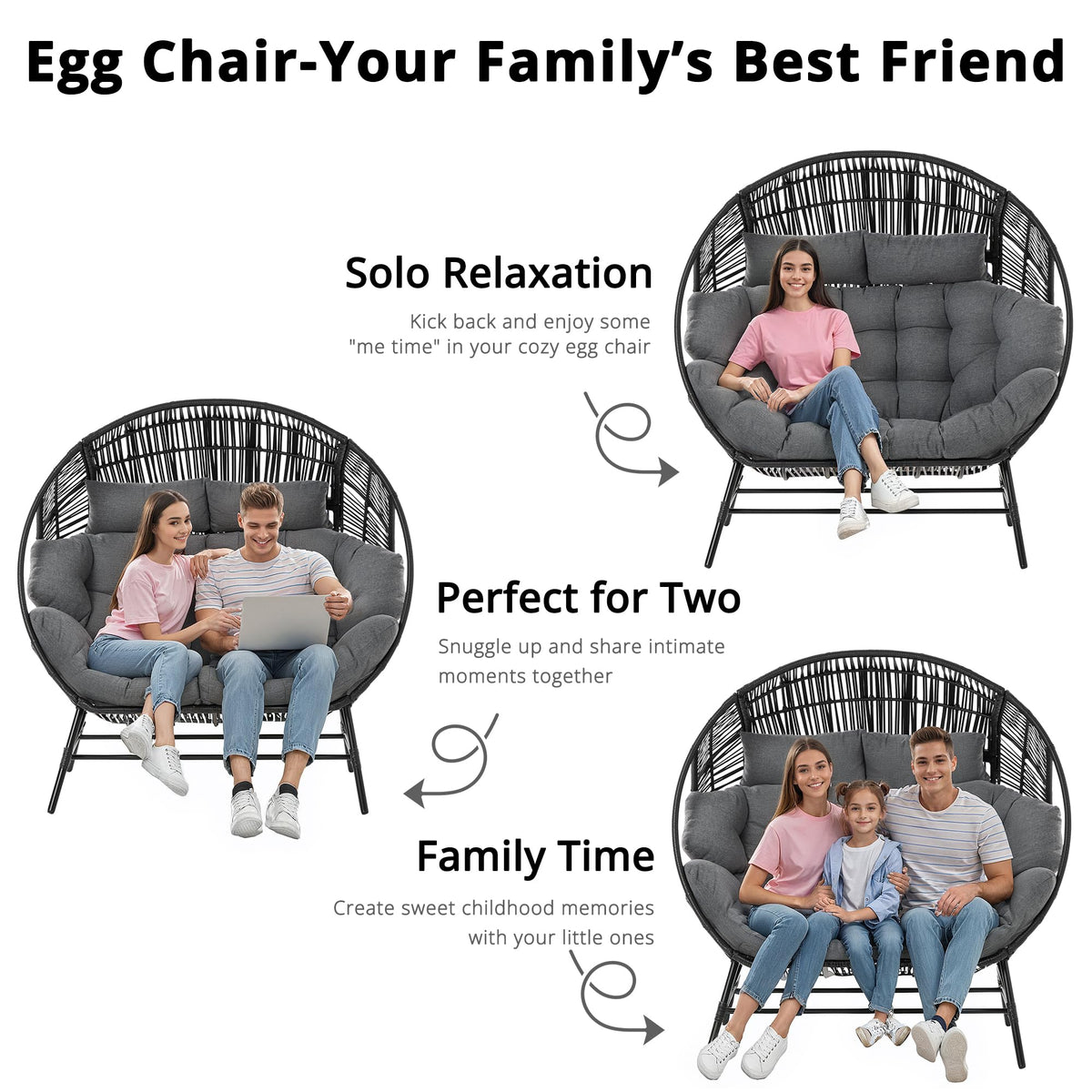 IRONCK 2 Person Egg Chair Outdoor Indoor, Oversized Double Wicker Lounge Chair, Thickened Padded Cushions and Headrests, 680Lbs Egg Loveseat for Patio, Balcony, Living Room, Porch, Gray