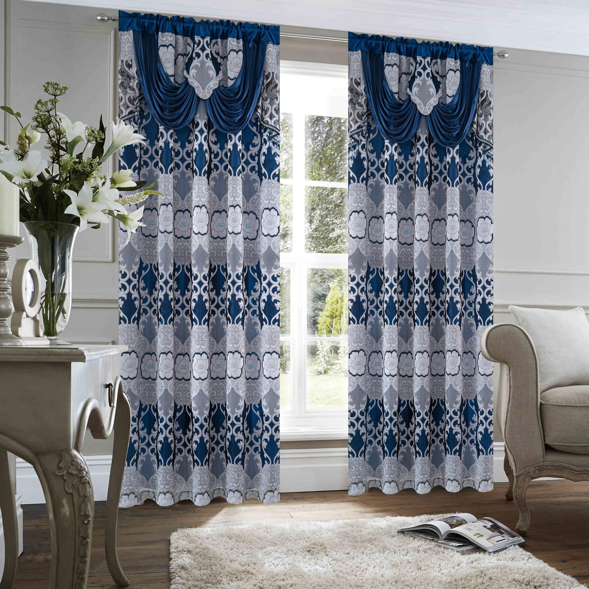 Petrichor Navy Sheer Jacquard Voile Curtains （54" W x 63" L）, 2 Panels with Attached Valance, Double Layer Floral Cutwork Design with Luxurious Texture, Rod Pocket, for Bedroom & Living Room