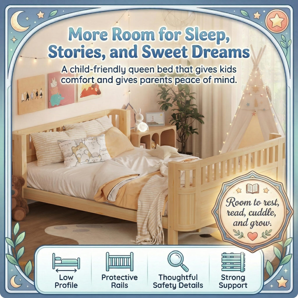 Duxelifin Queen Bed Frame for Kids with Rails, Low Profile Montessori Queen Bed with Detachable Side Rail, Solid Pine Wood Kids Daybed with Headboard, Footboard & Slat Support for Boys Girls, Natural