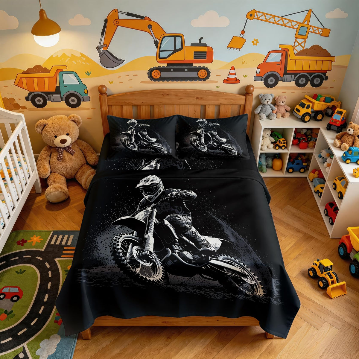 Motocross Queen Sheet Set Dirt Bike Flat Fitted Sheet Sets, Gray Black