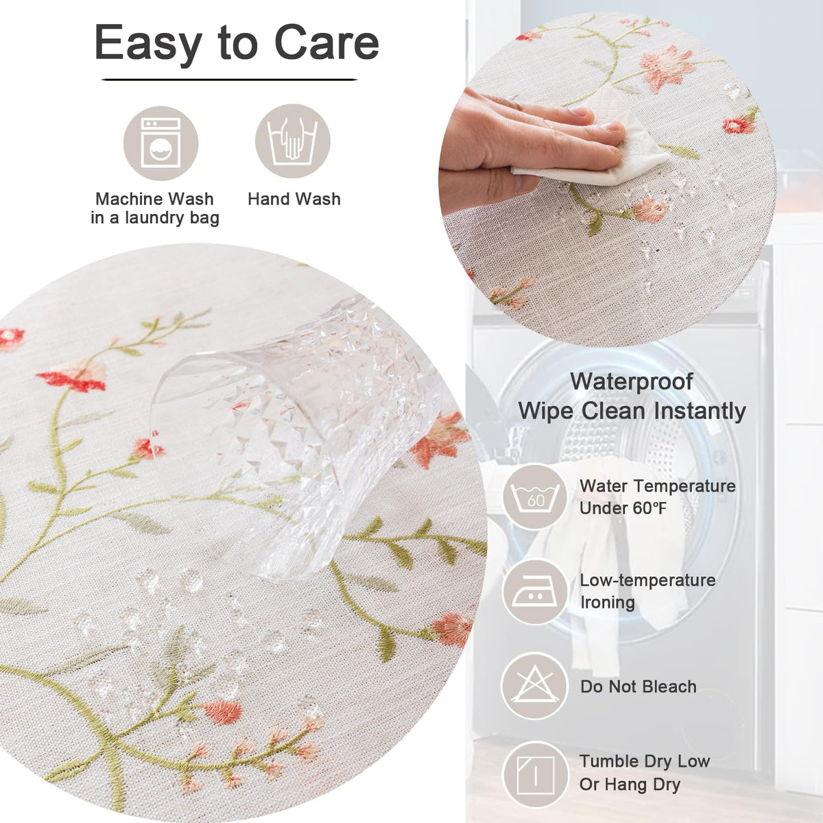Joyfol Day Linen Spring Flowers Tablecloth with Tassels, Rustic Farmhouse Embroidery Waterproof Table Cloths for Rectangle Tables, Heavy Weight Spill-Proof Table Covers, Pink Florals, 55''x 102''