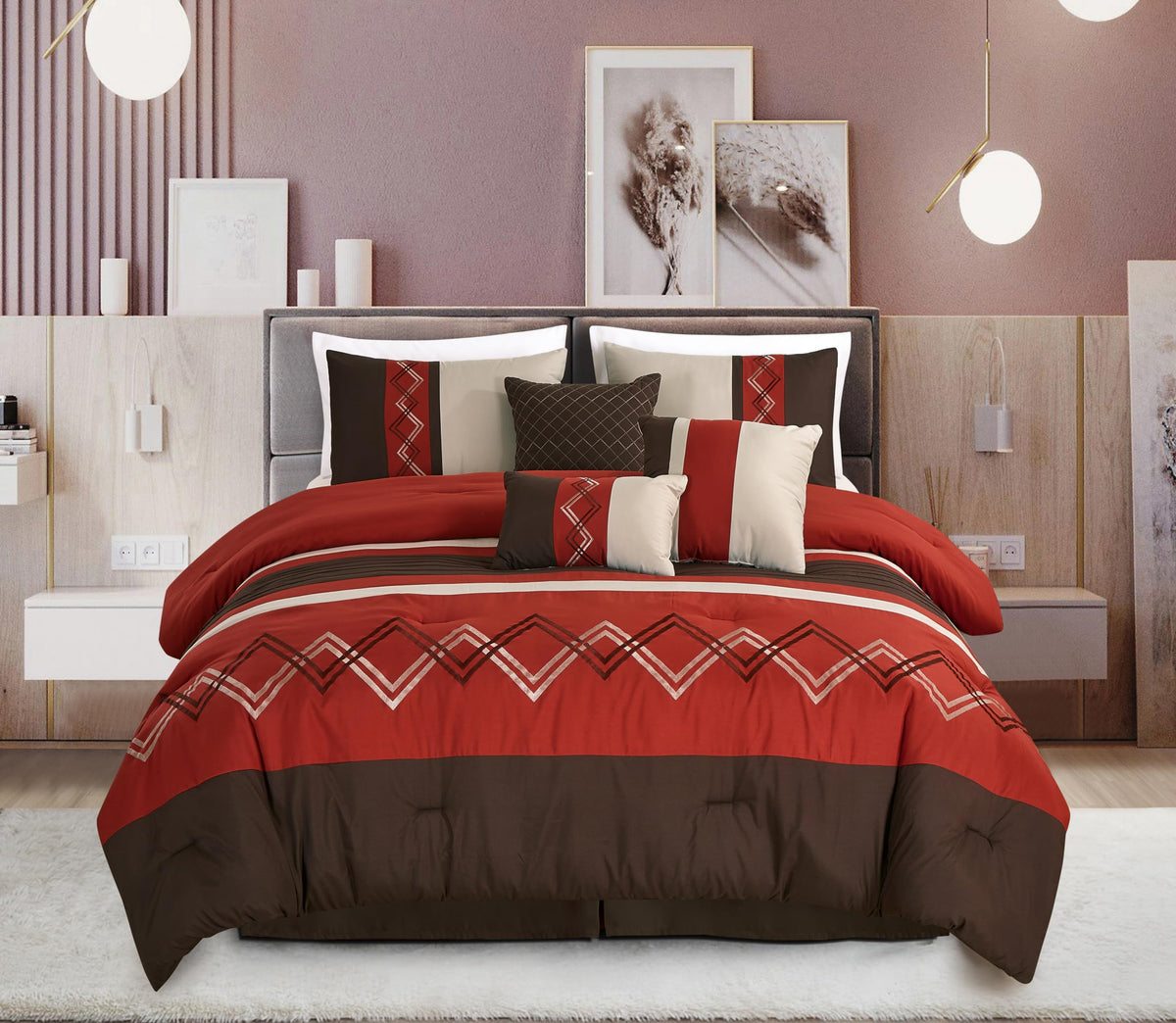 Chezmoi Collection Arden 7-Piece Modern Pleated Stripe Embroidered Zigzag Bedding Comforter Set (Queen, Spice/Brown/Coffee Cream)