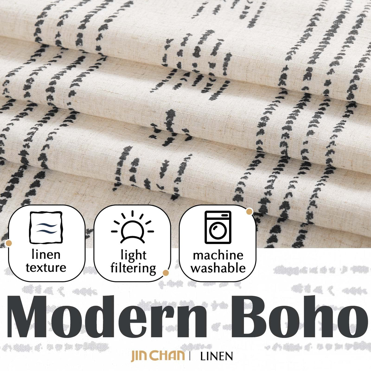 jinchan Boho Kitchen Curtains Linen Tier Curtains 36 Inches Bohemian Cafe Small Drapes Striped Mudcloth Farmhouse for Bathroom RV Camper Light Filtering Rod Pocket 2 Panels Black on Beige